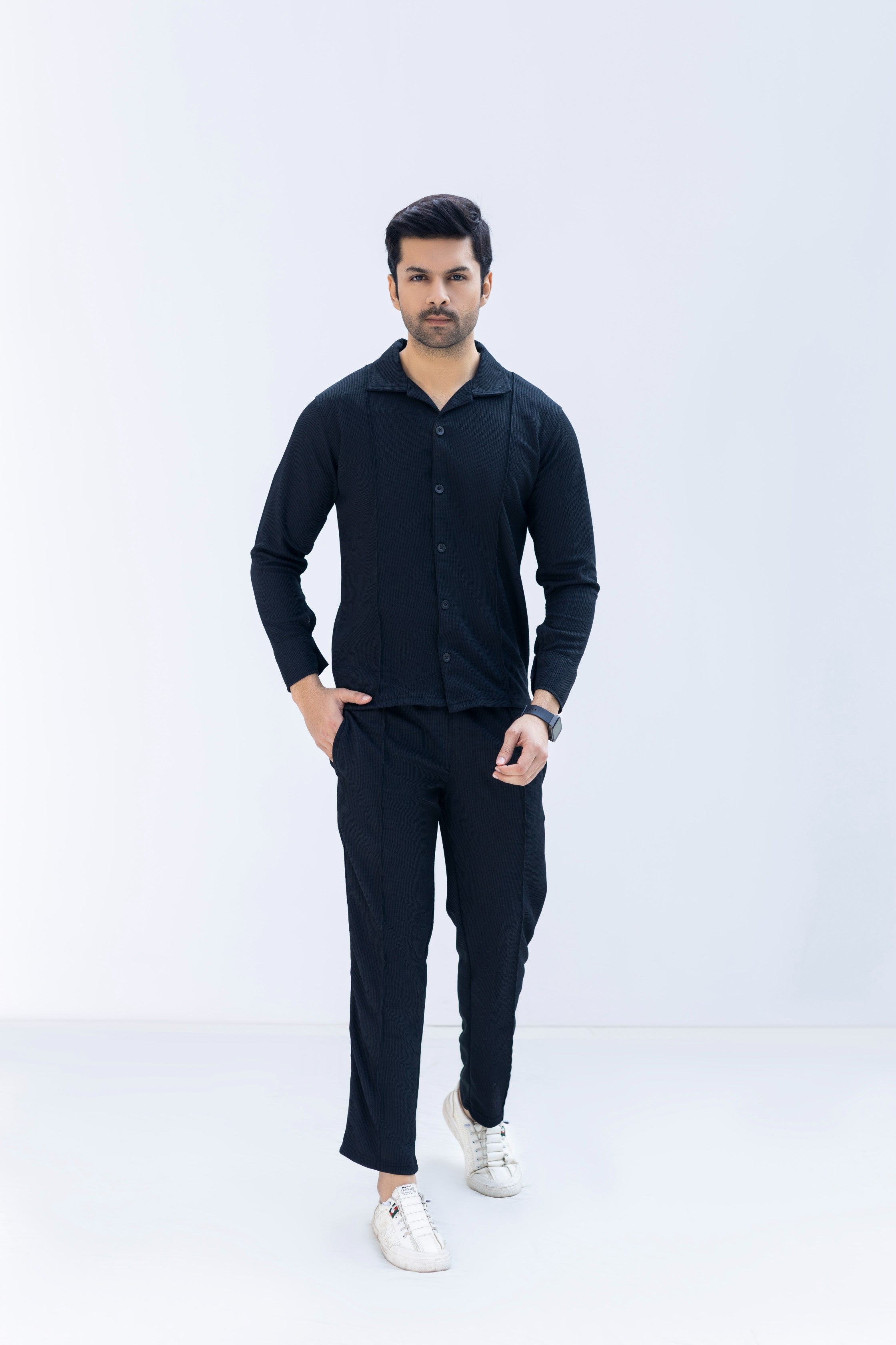 Waffle Black F-Sleeve Safari Suit for Men – Premium Comfort Series