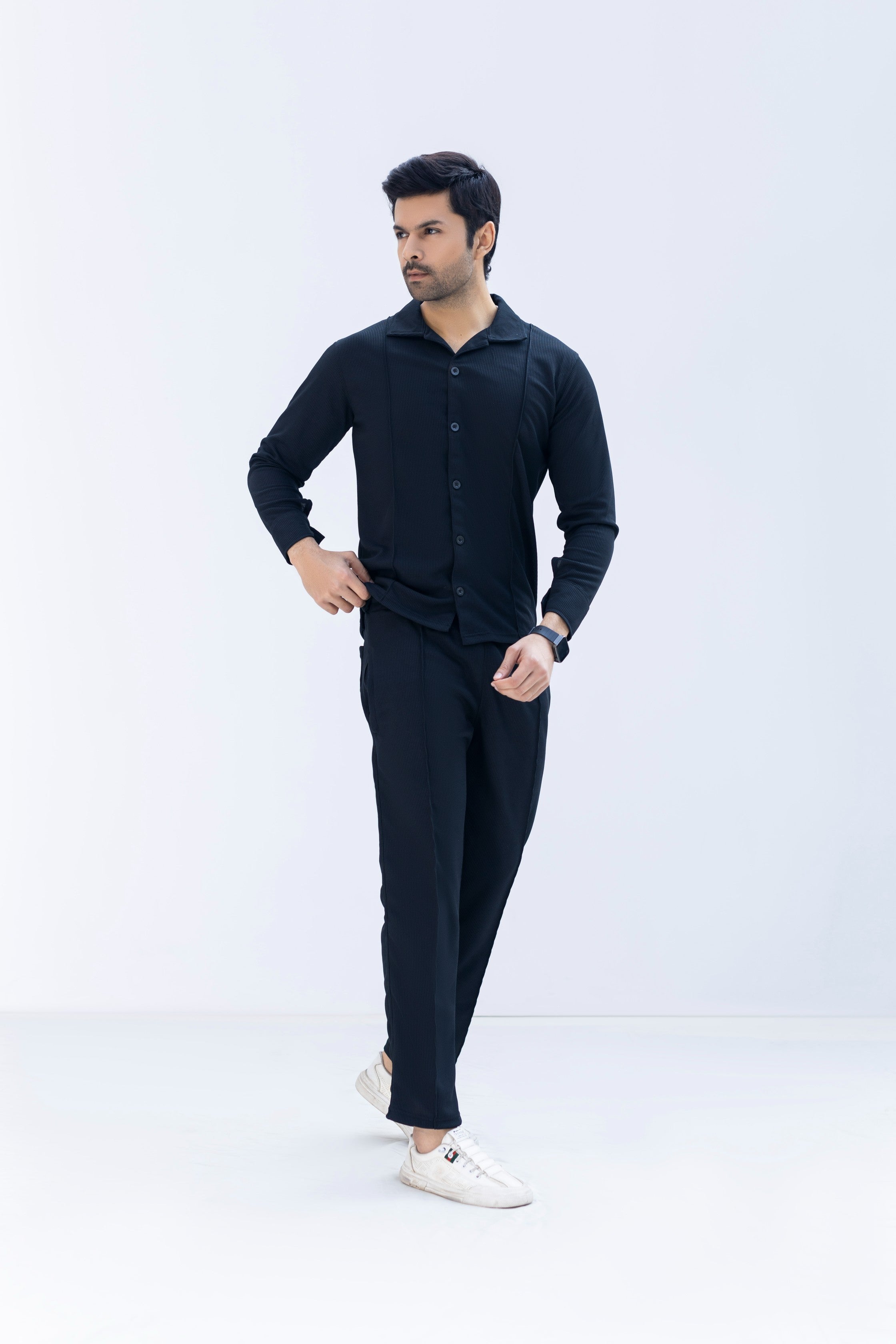 Jet Black Textured Knit Button-Down Shirt