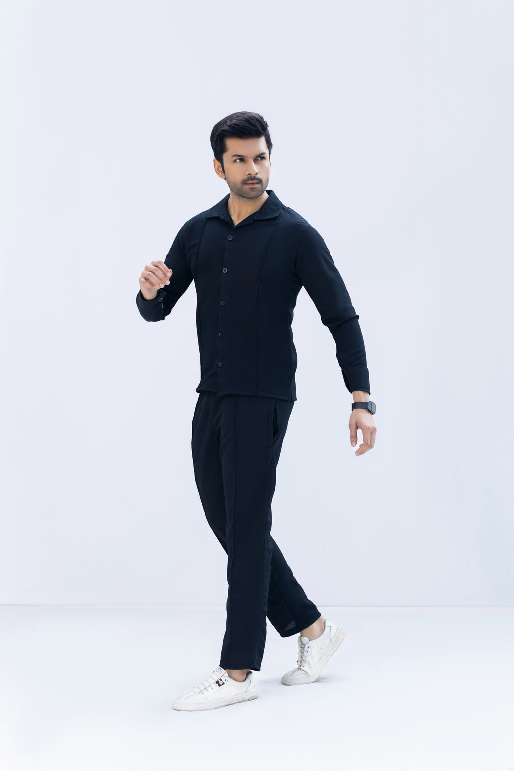 Jet Black Textured Knit Button-Down Shirt