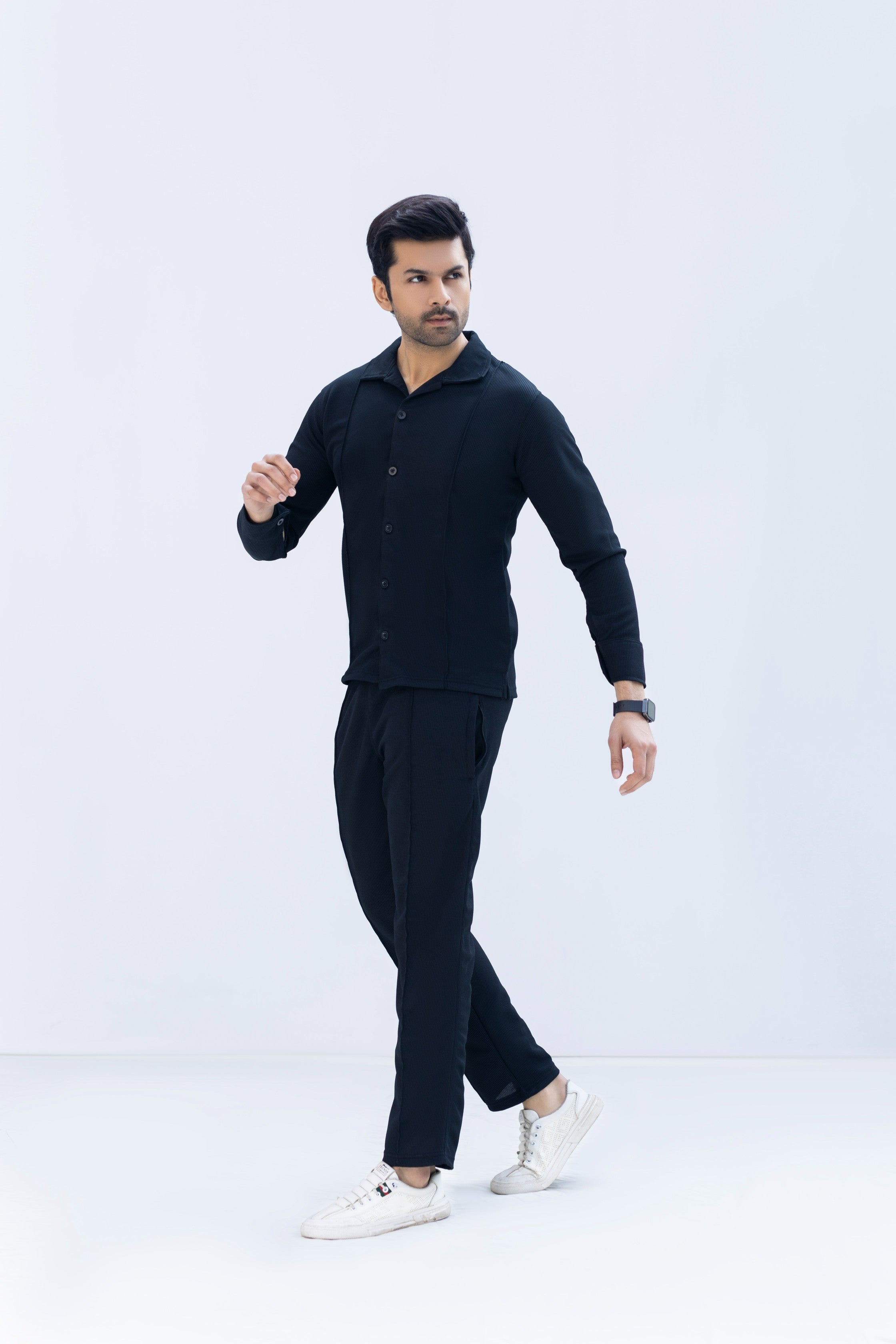 Jet Black Textured Knit Button-Down Shirt