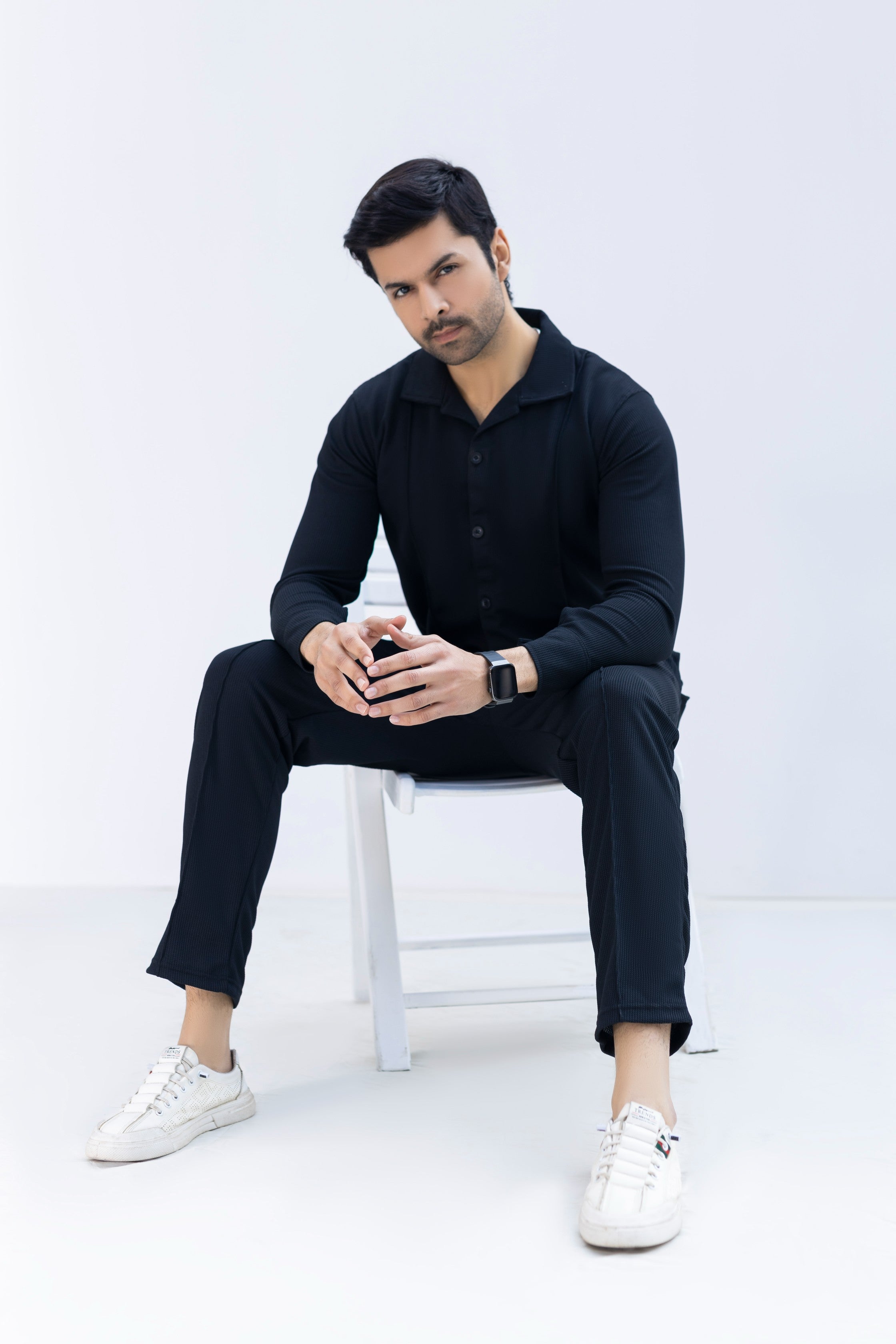 Jet Black Textured Knit Button-Down Shirt