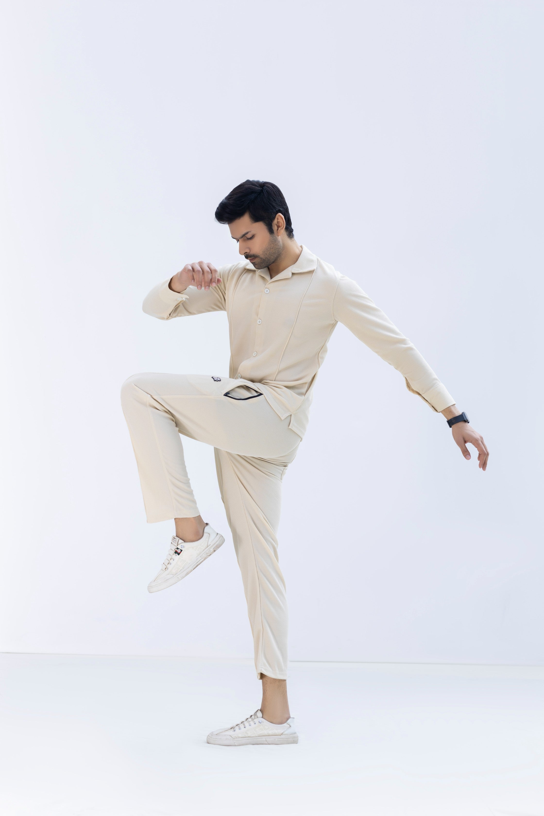 Cream Beige Textured Knit Trousers