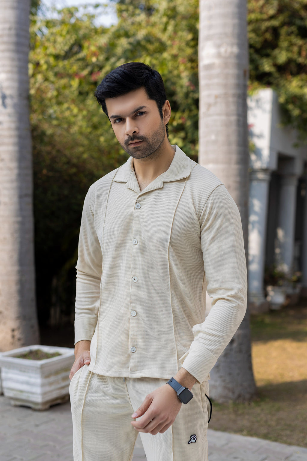 Cream Beige Textured Knit Button-Down Shirt