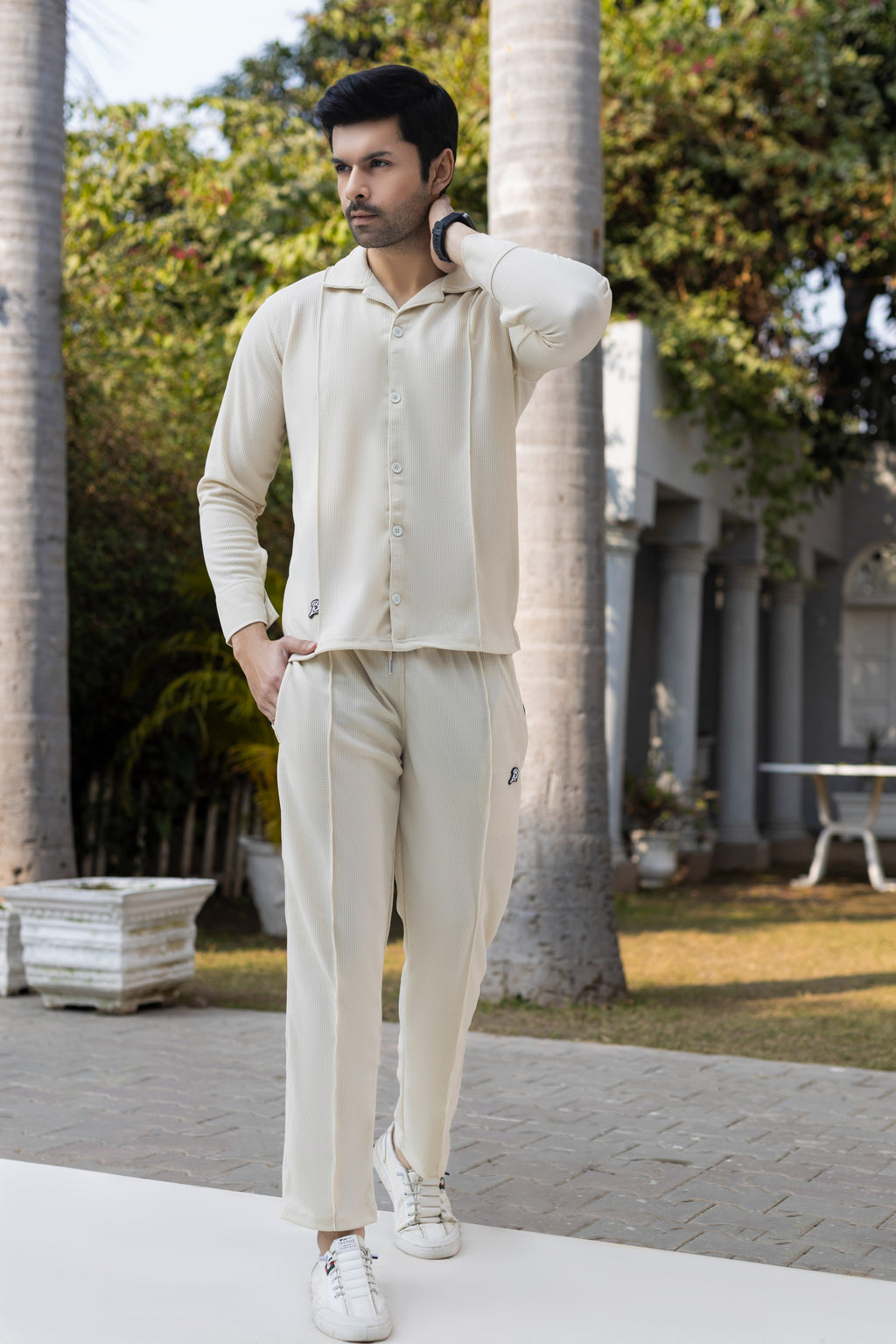 Waffle Off White F-Sleeve Safari Suit for Men – Premium Comfort Series B13