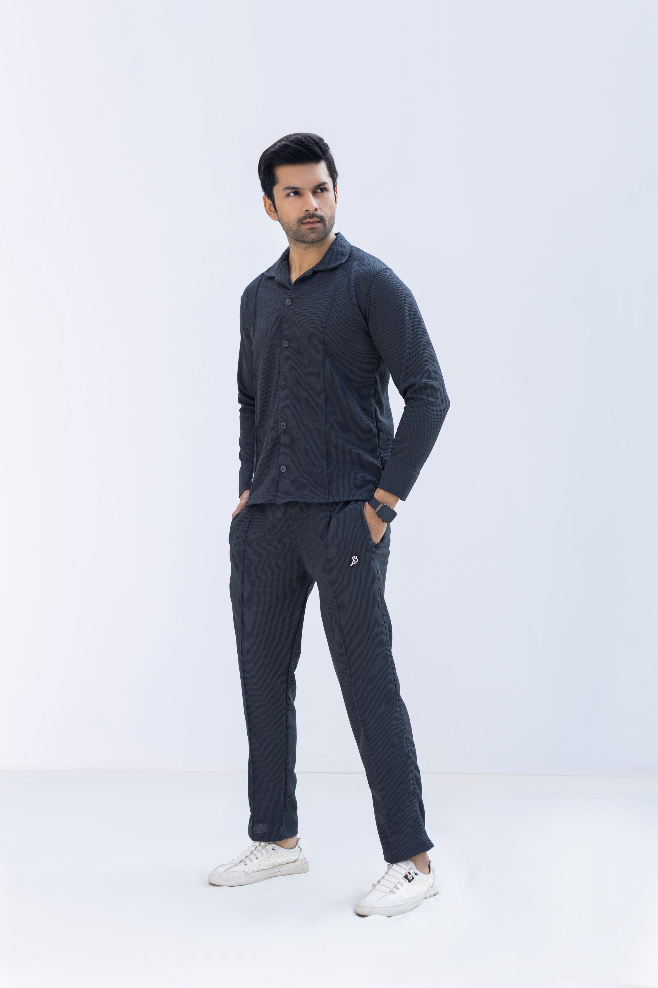 Waffle Charcoal F-Sleeve Safari Suit for Men – Premium Comfort Series B11