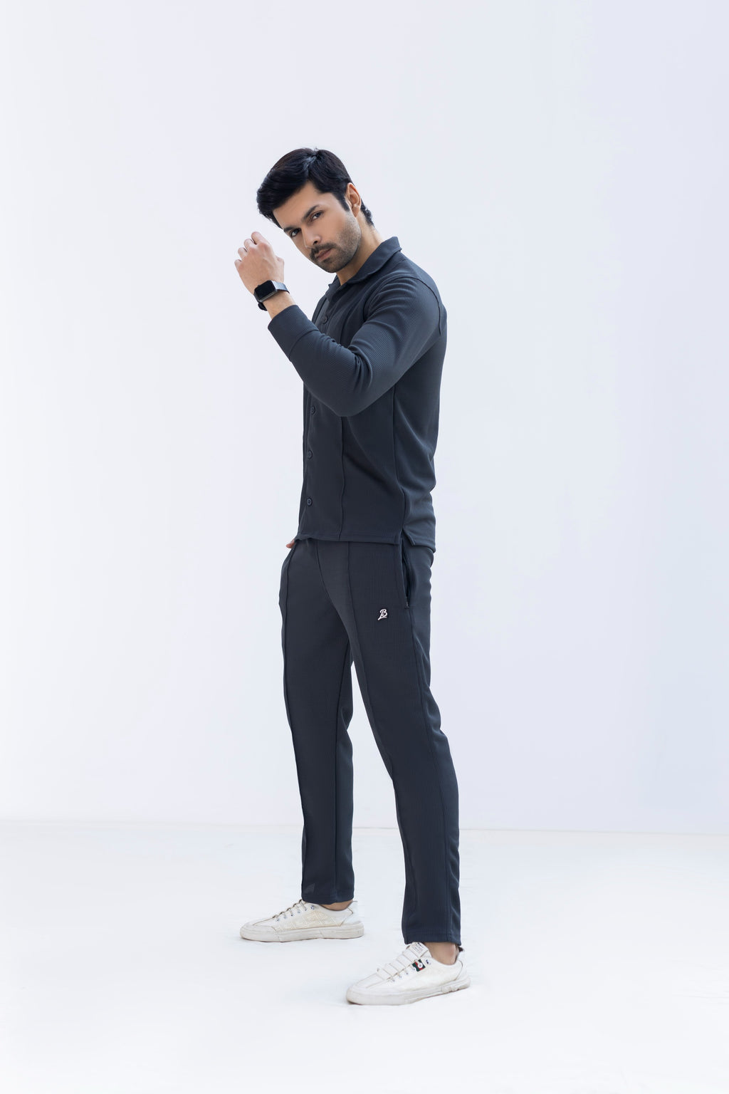 Charcoal Black Textured Knit Button-Down Shirt