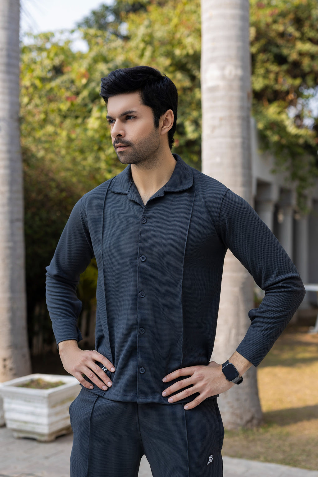 Waffle Charcoal F-Sleeve Safari Suit for Men – Premium Comfort Series B11