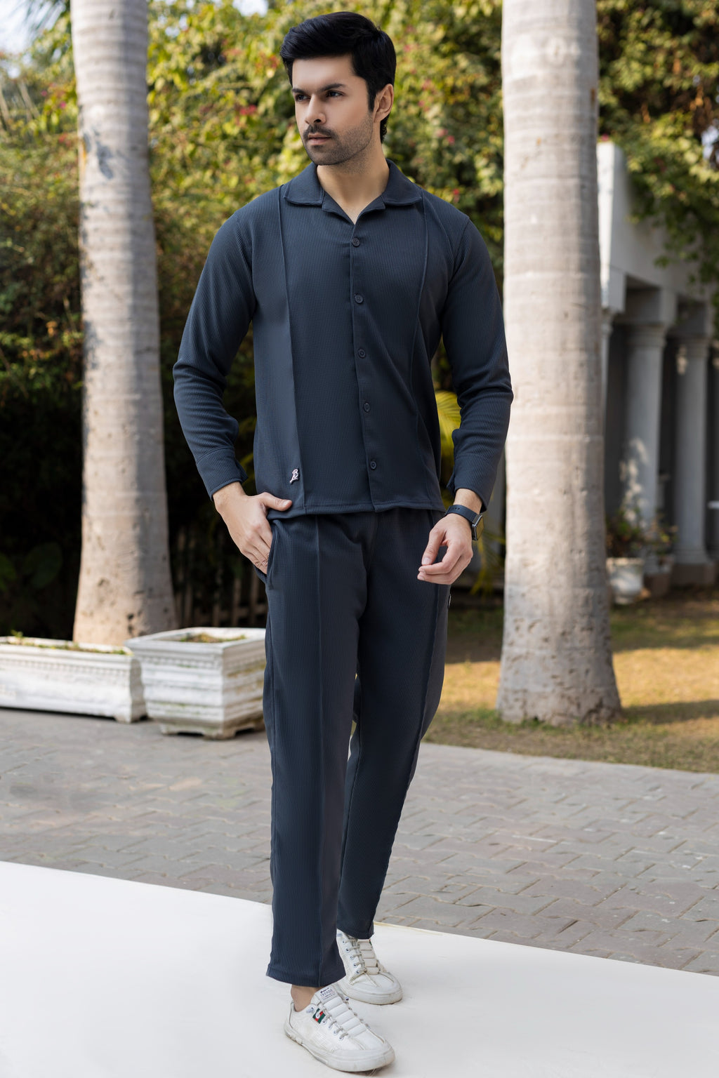 Charcoal Black Textured Knit Trousers