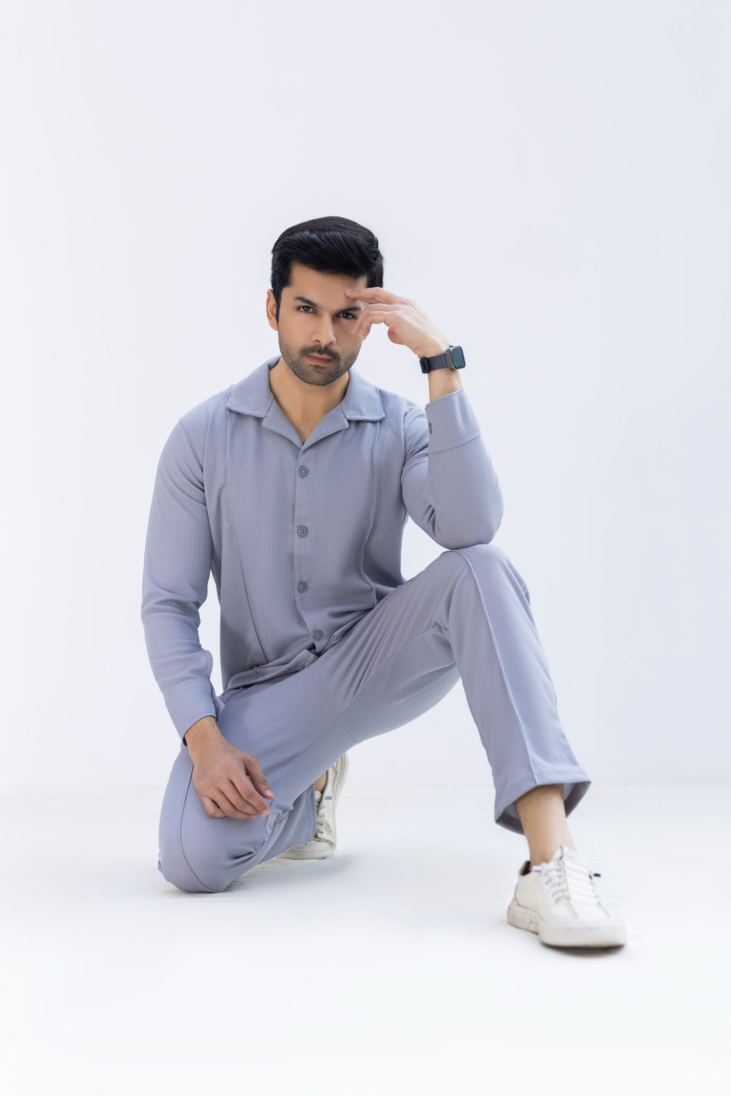Silver Grey Waffle F-Sleeve Safari Suit for Men – Premium Comfort Series B9