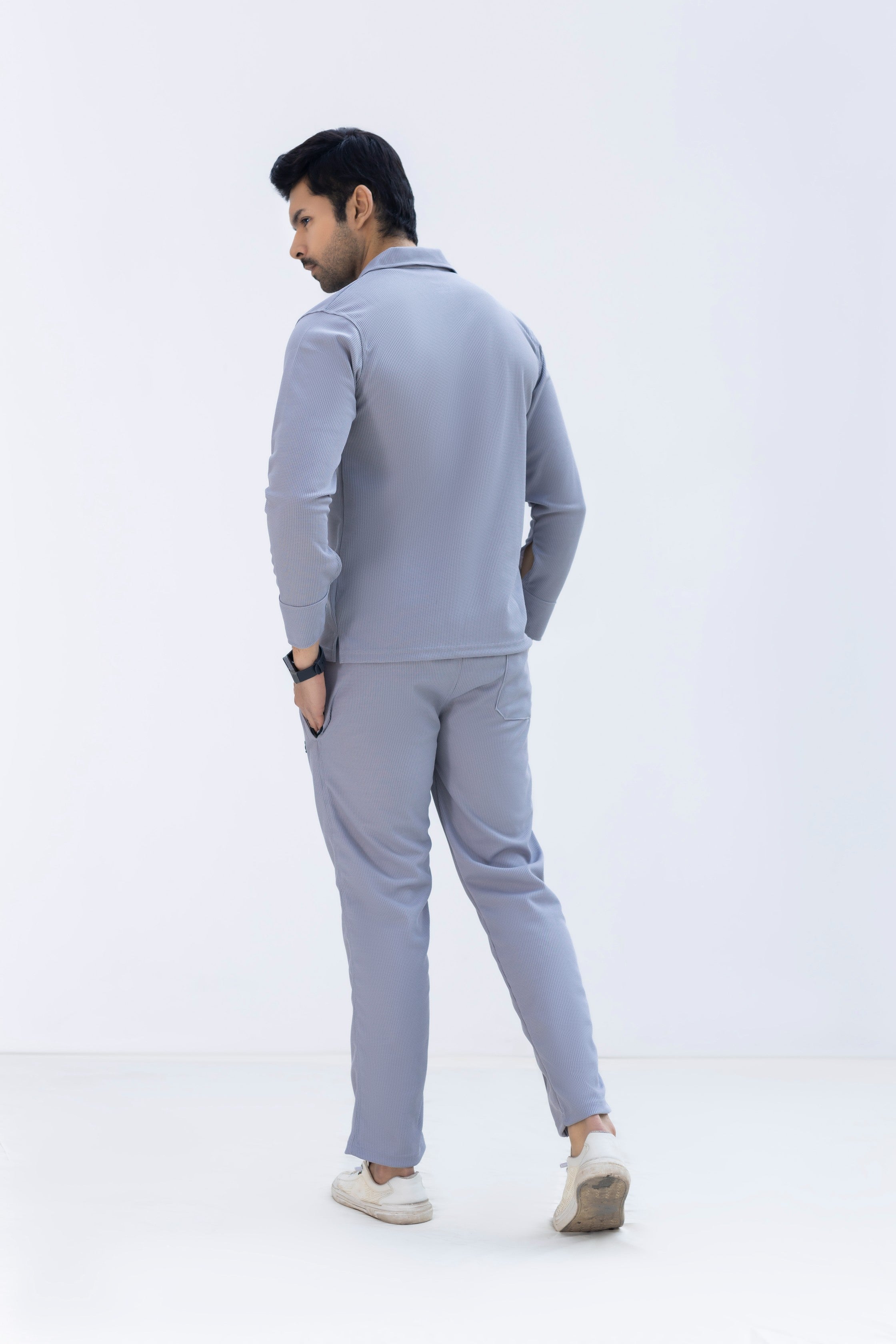 Soft Grey Textured Knit Button-Down Shirt