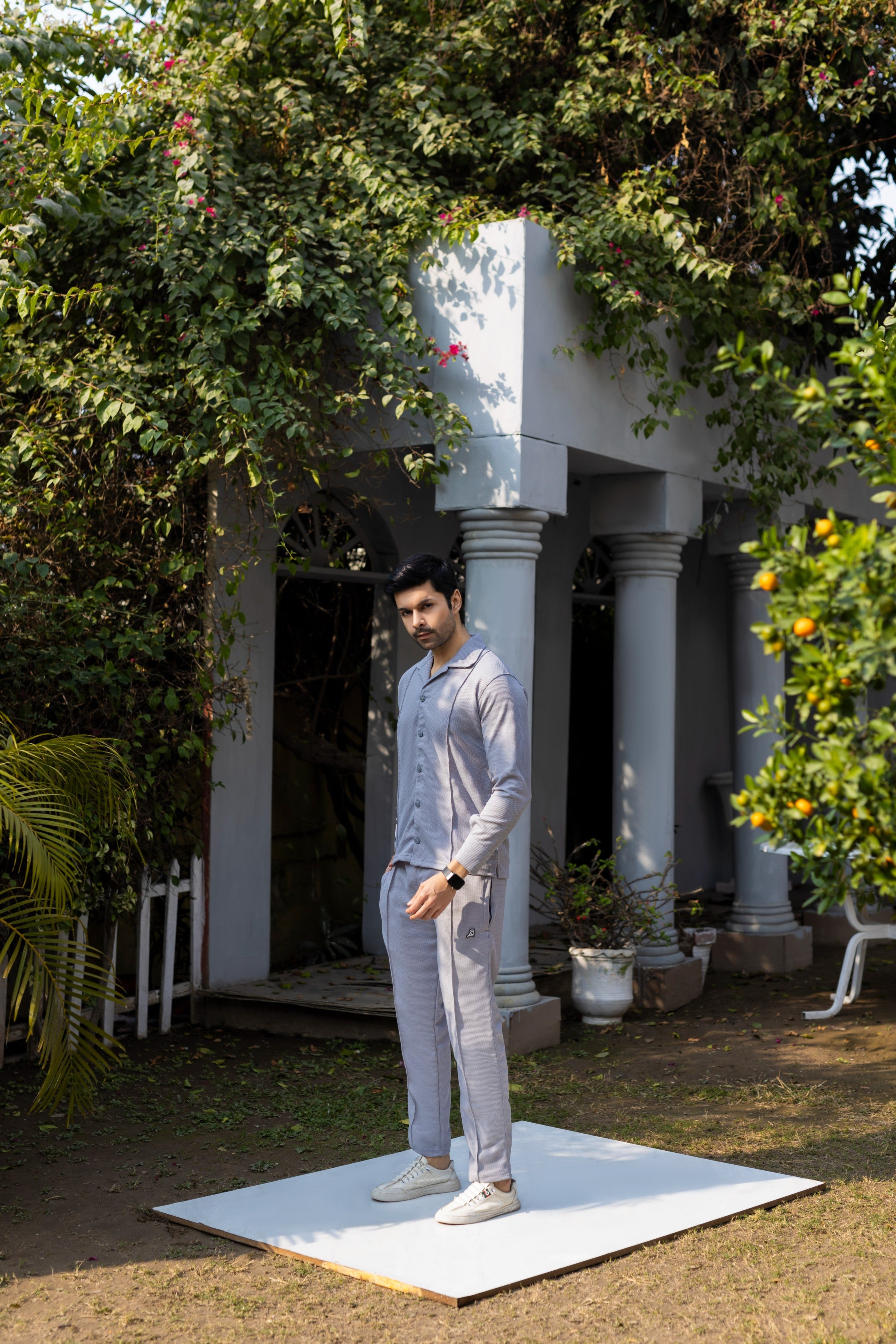 Silver Grey Waffle F-Sleeve Safari Suit for Men – Premium Comfort Series B9