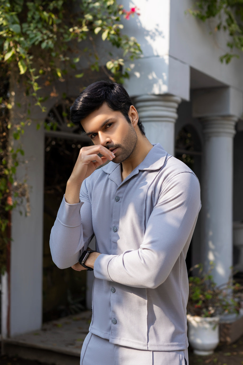 Soft Grey Textured Knit Button-Down Shirt