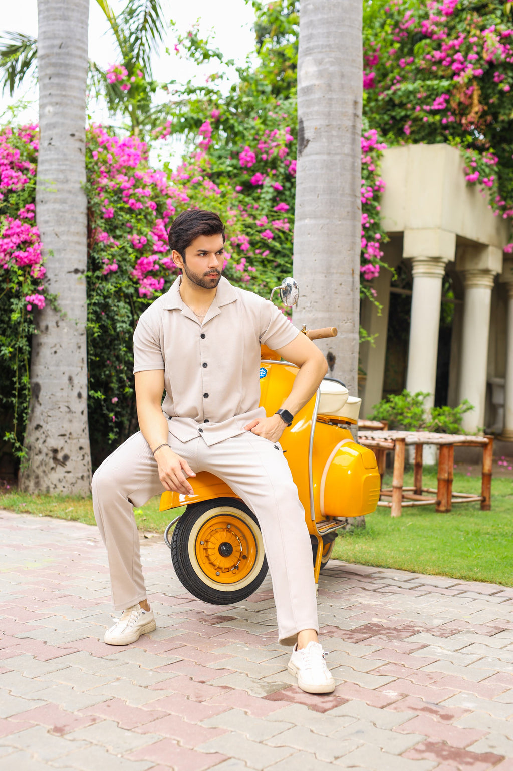 Waffle Beige Half-Sleeve Safari Suit for Men B4