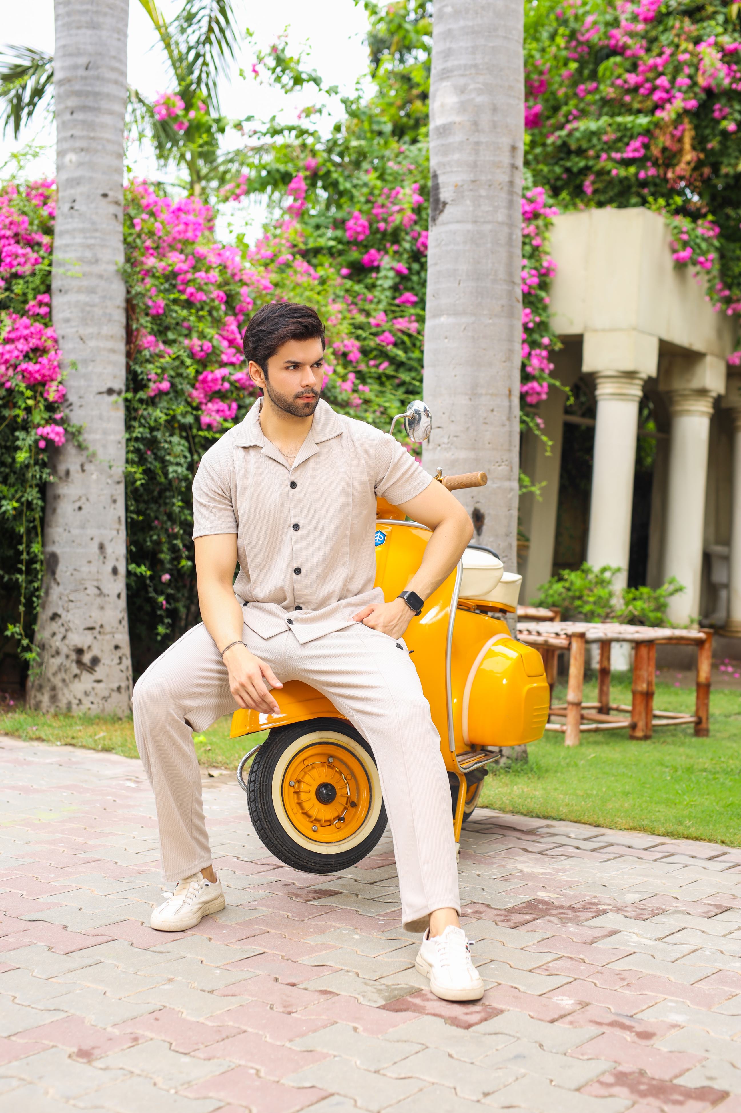 Waffle Beige Half-Sleeve Safari Suit for Men B4