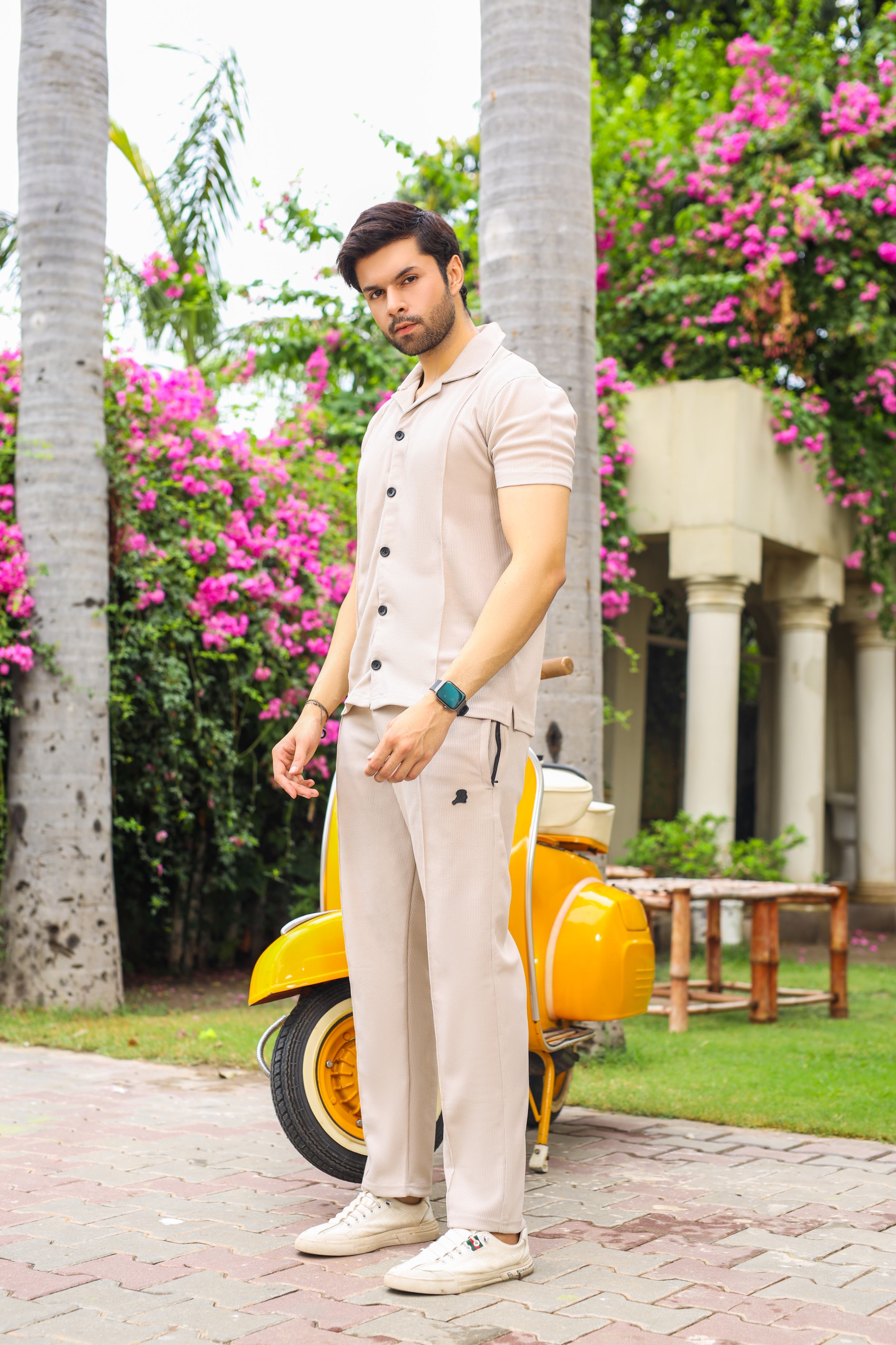 Waffle Beige Half-Sleeve Safari Suit for Men B4