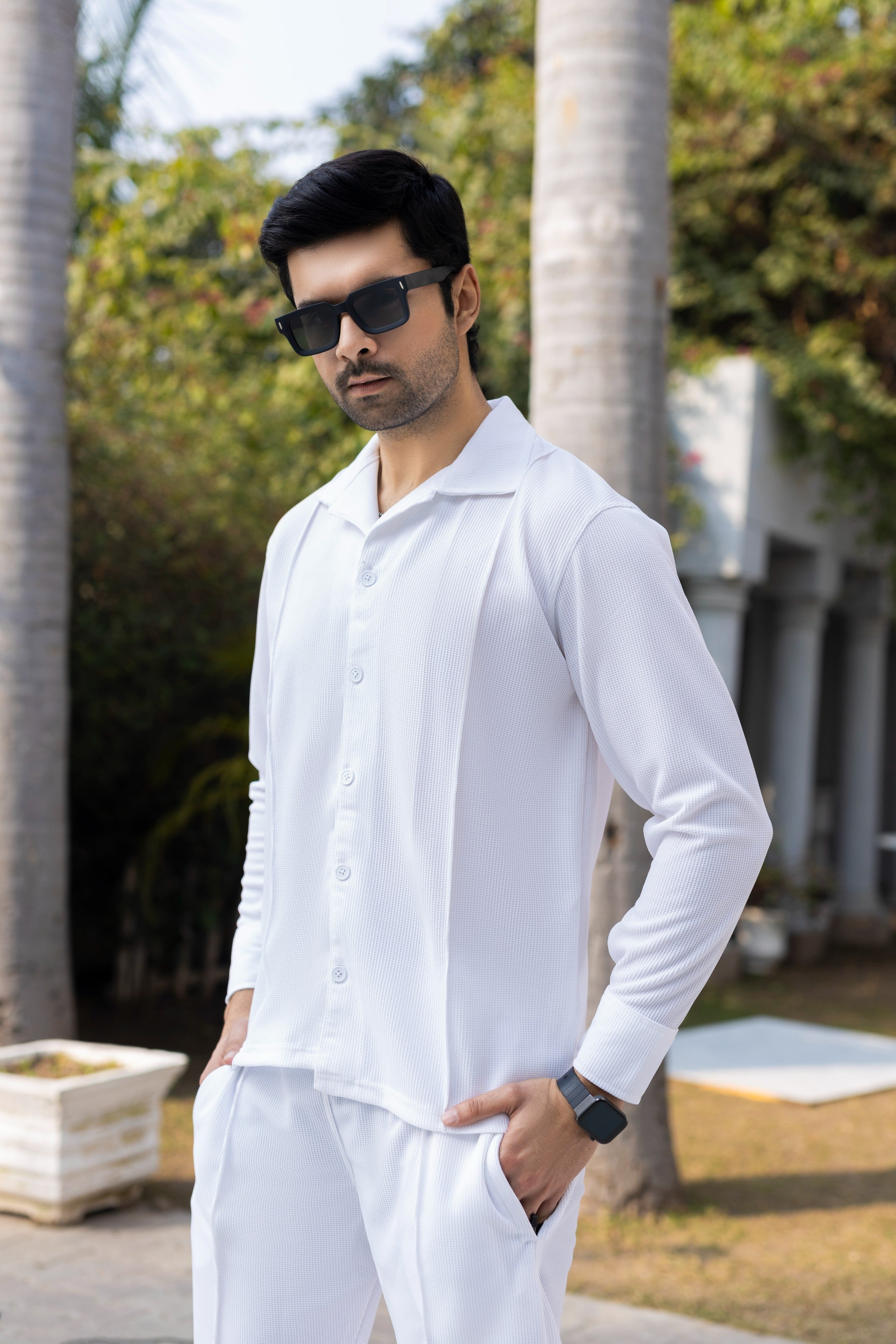 Waffle White F-Sleeve Safari Suit for Men – Premium Comfort Series B13