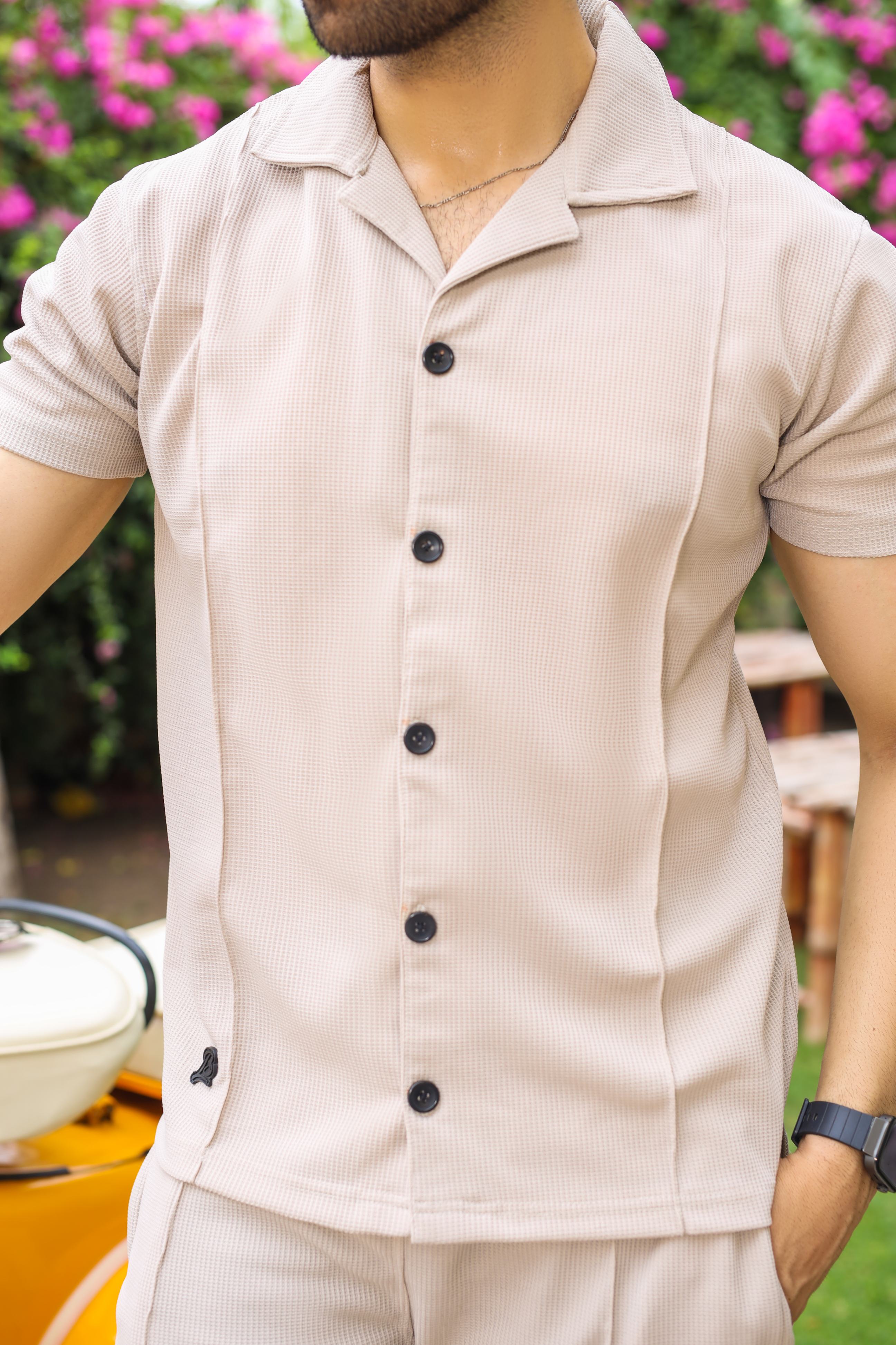 Waffle Beige Half-Sleeve Safari Suit for Men B4