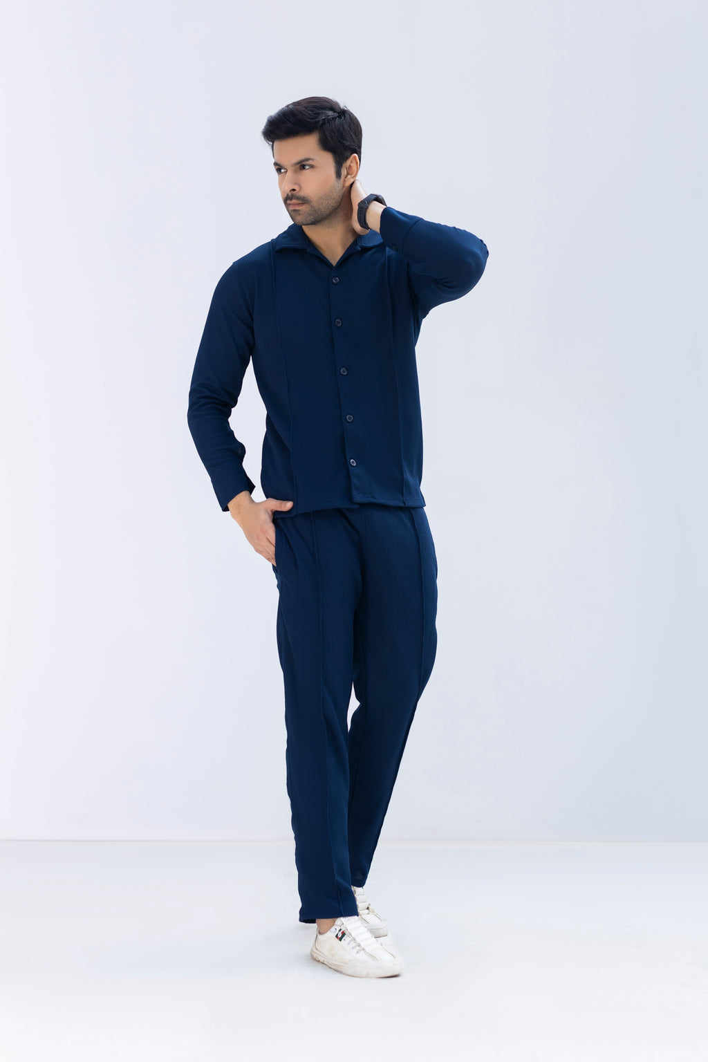 Waffle Navy Blue F-Sleeve Safari Suit for Men – Premium Comfort Series B9