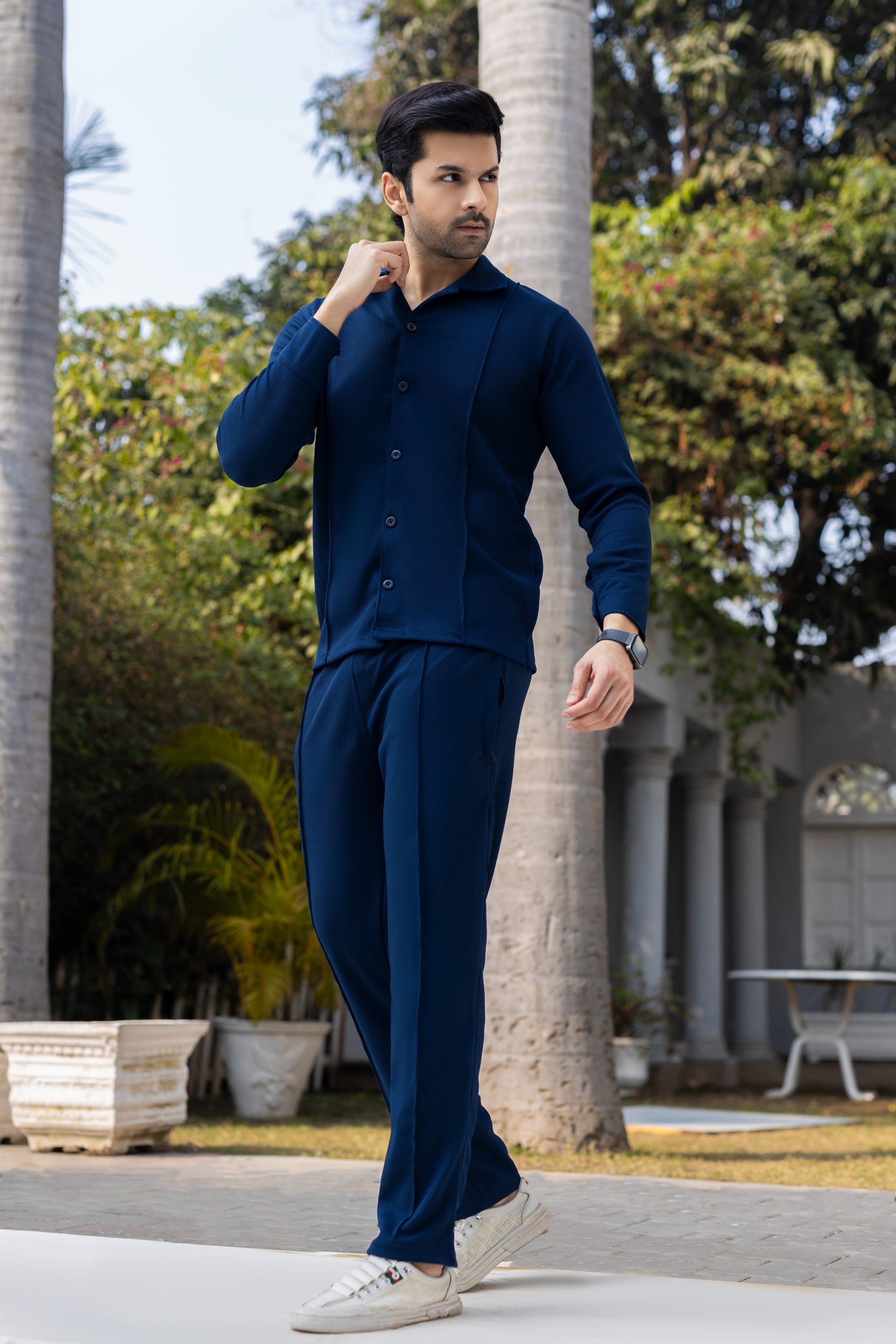 Midnight Blue Textured Knit Trousers