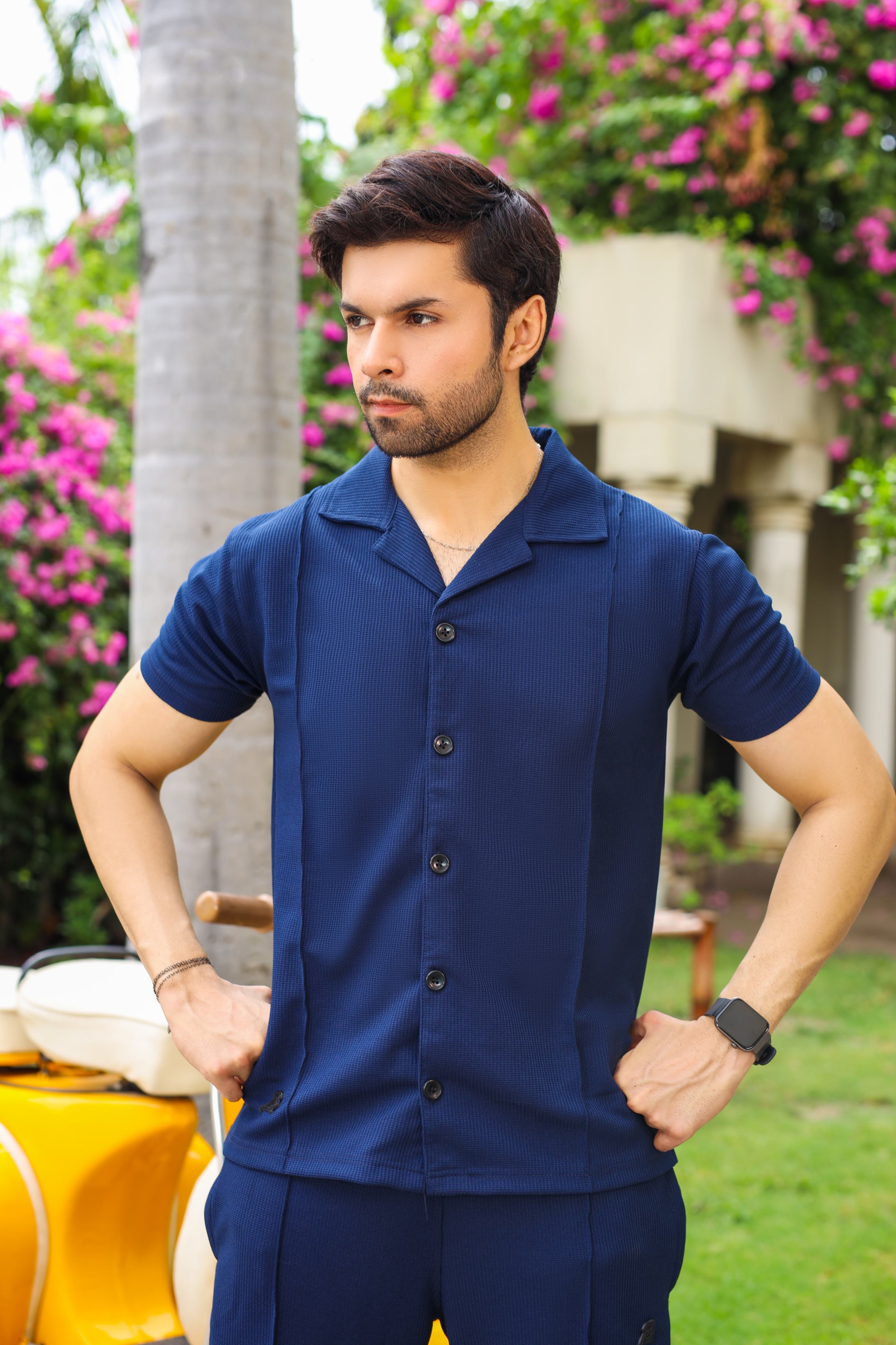 Waffle Navy Blue Half-Sleeve Safari Suit for Men B3
