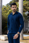 Midnight Blue Textured Knit Button-Down Shirt