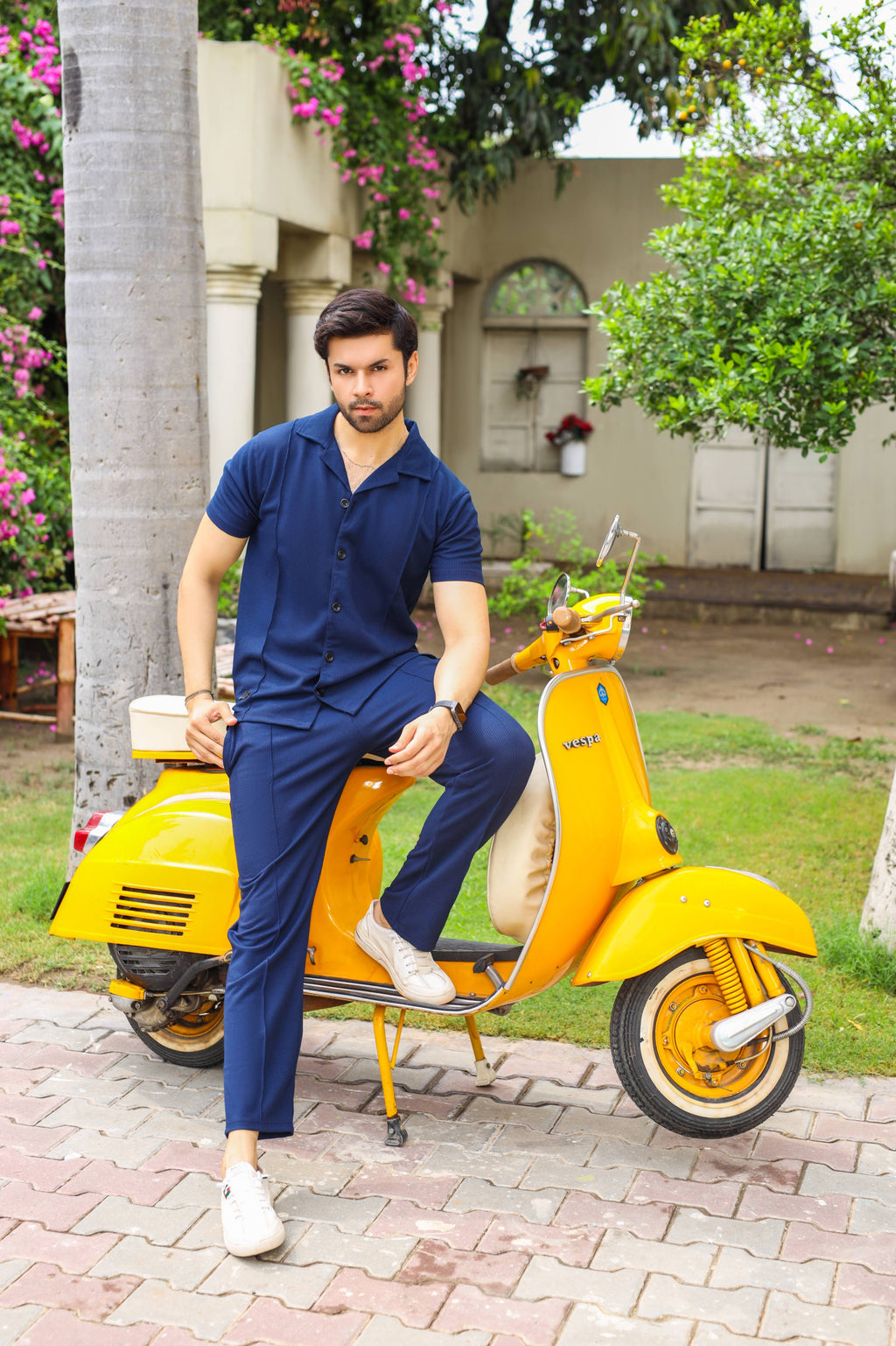 Waffle Navy Blue Half-Sleeve Safari Suit for Men B3