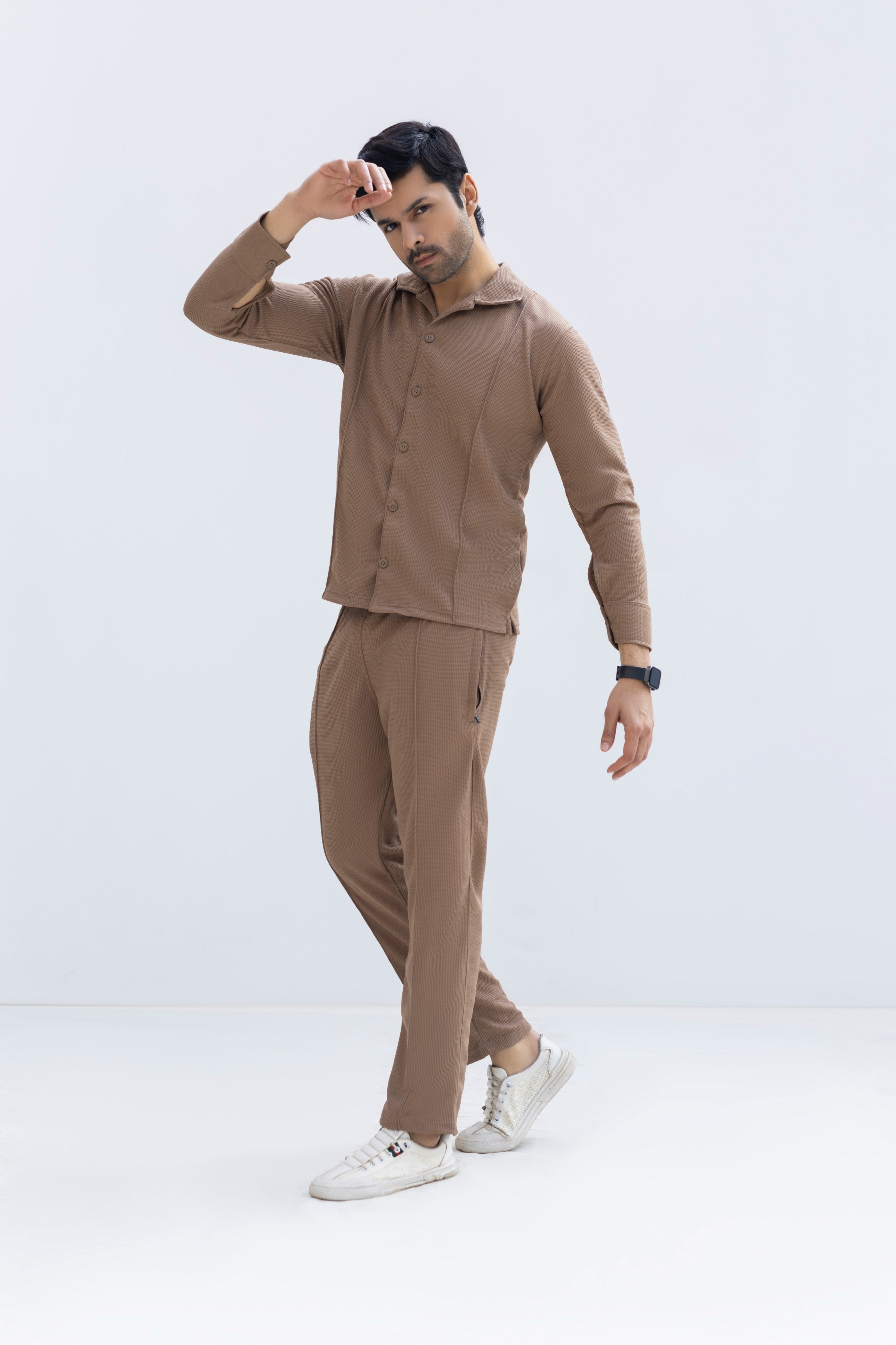 Camel Brown Textured Knit Button-Down Shirt