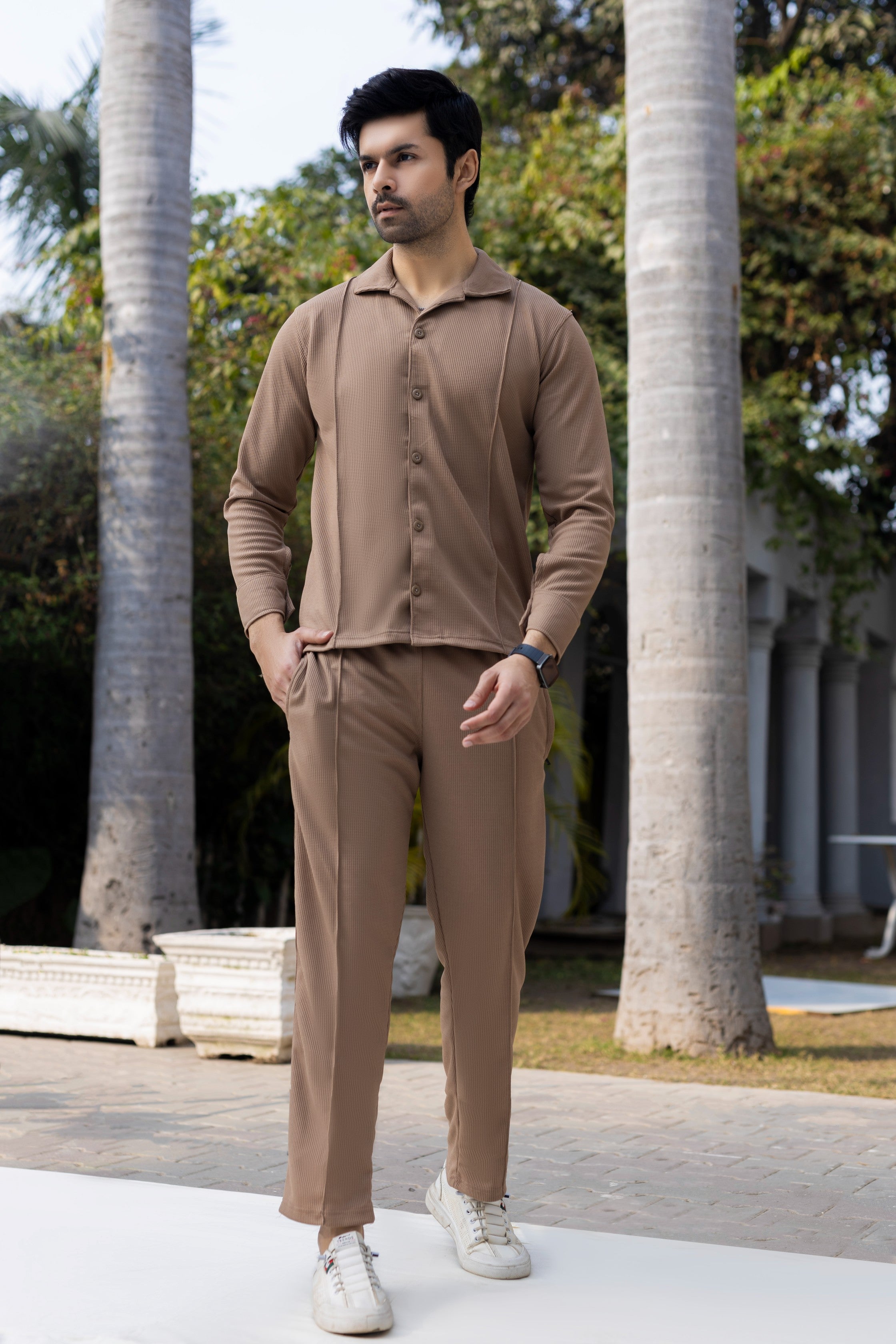 Camel Brown Textured Knit Trousers