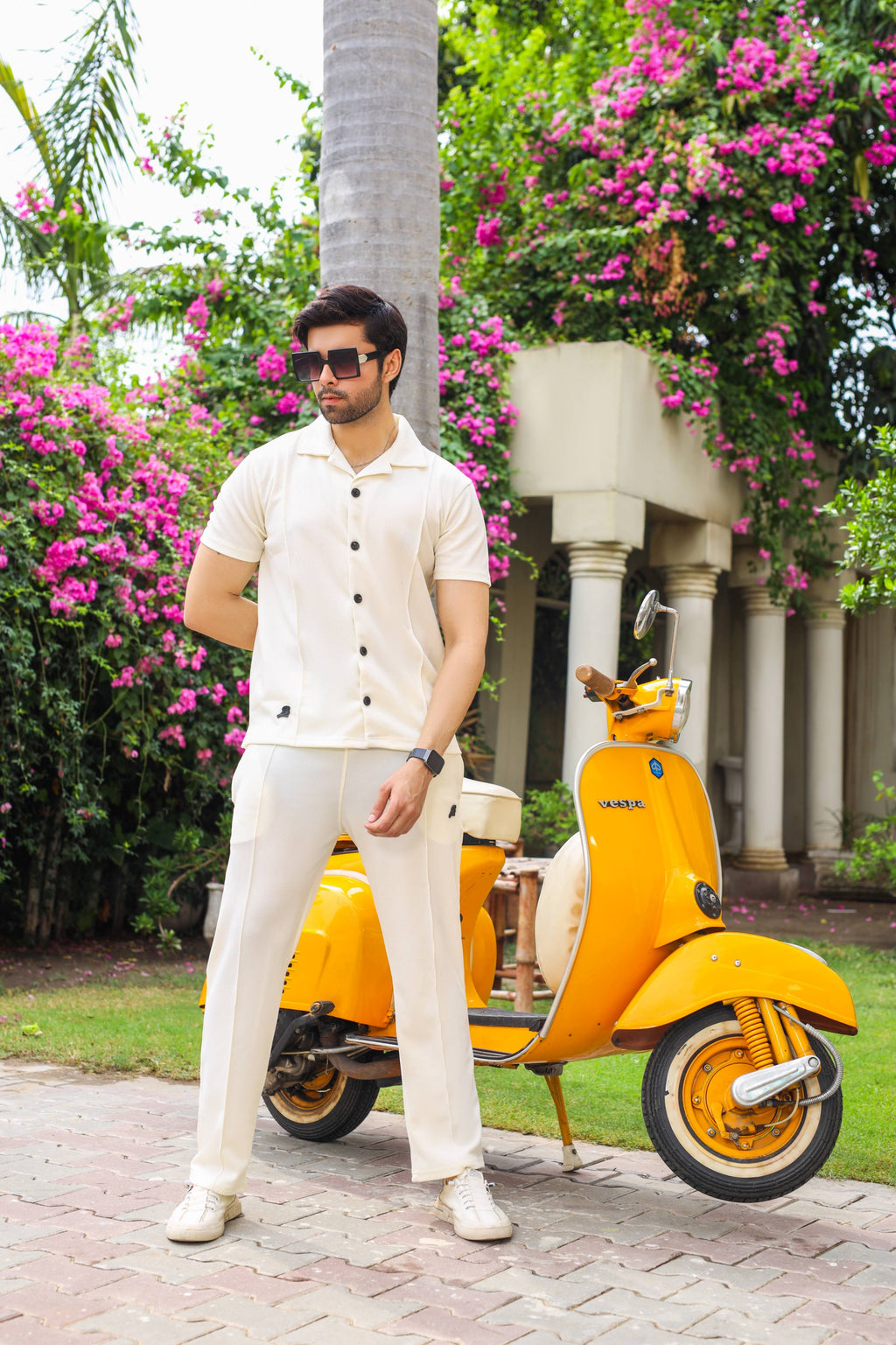 Waffle Off White Half-Sleeve Safari Suit for Men B7