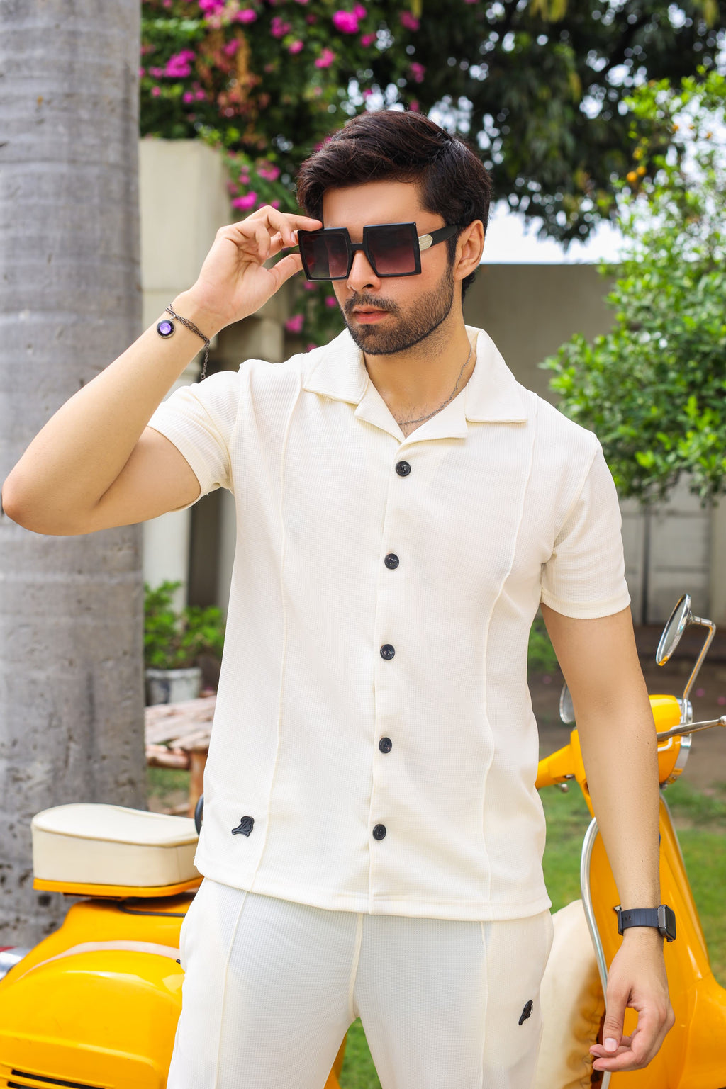 Waffle Off White Half-Sleeve Safari Suit for Men B7