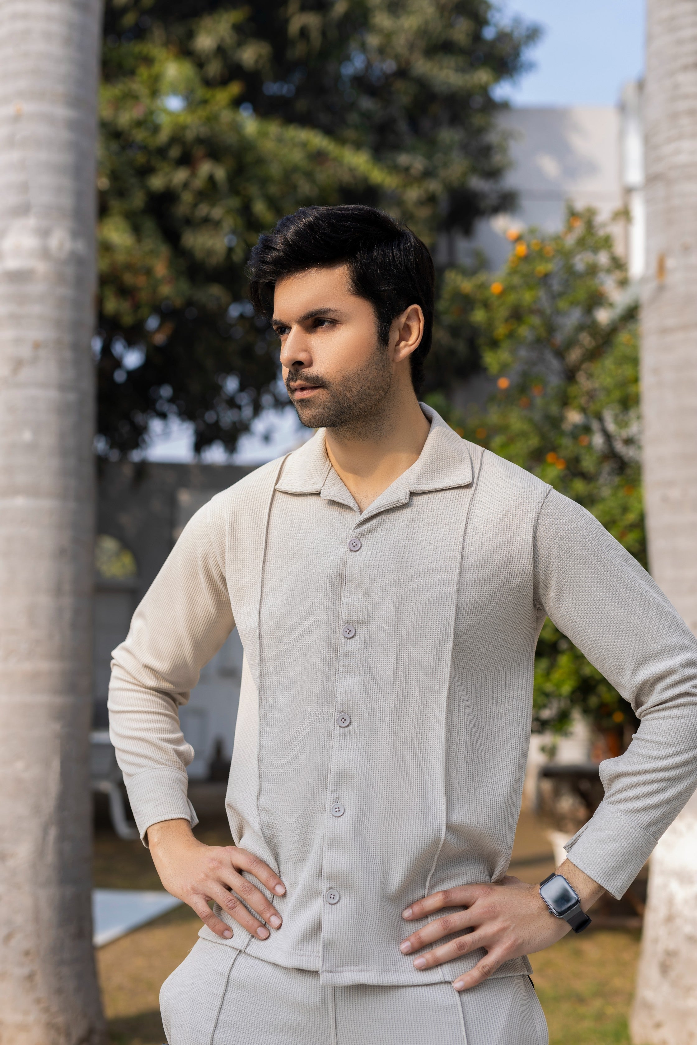 Ivory Textured Knit Button-Down Shirt