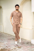 Waffle Coffee Brown Half-Sleeve Safari Suit for Men B5