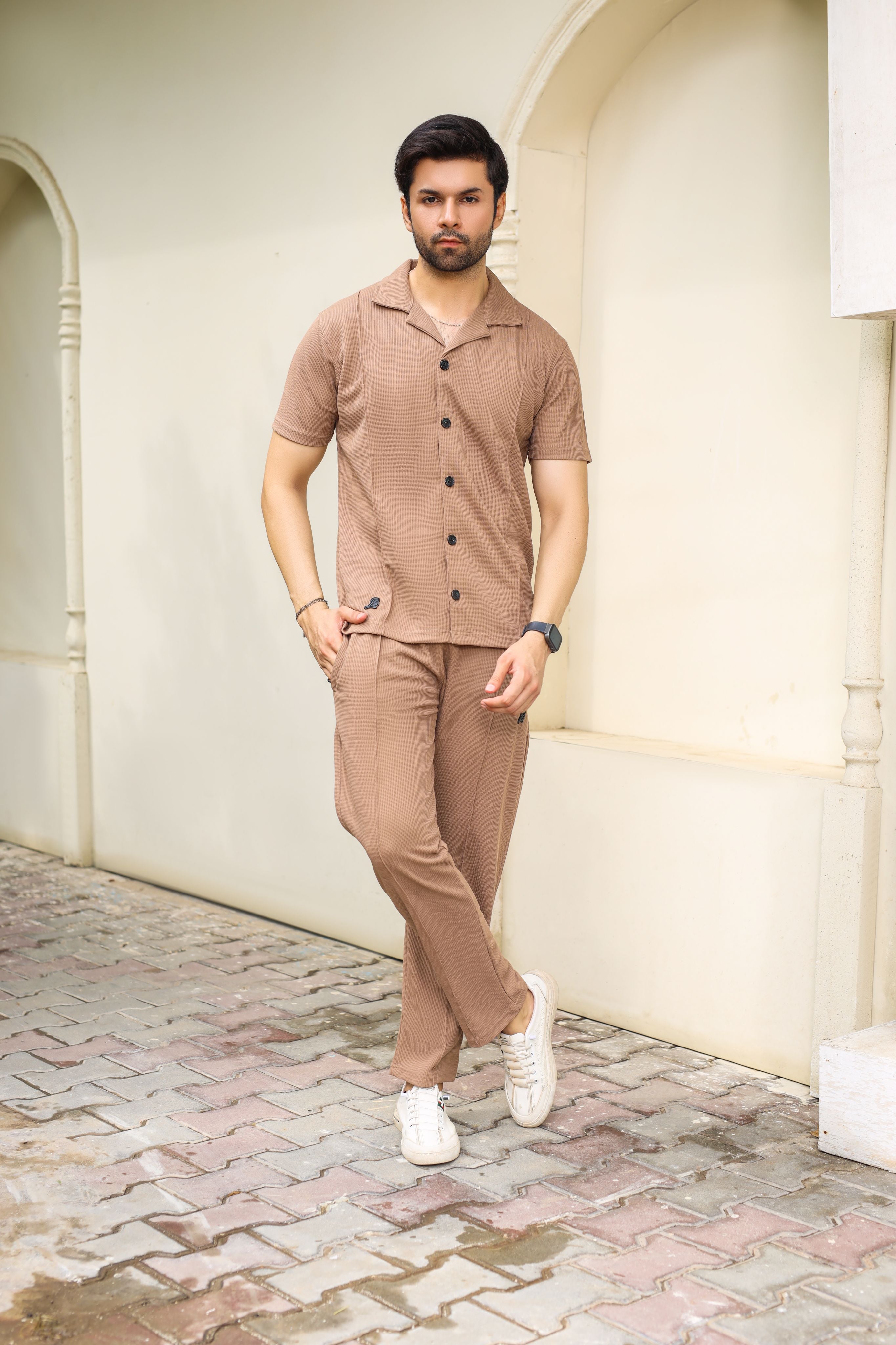 Waffle Coffee Brown Half-Sleeve Safari Suit for Men B5