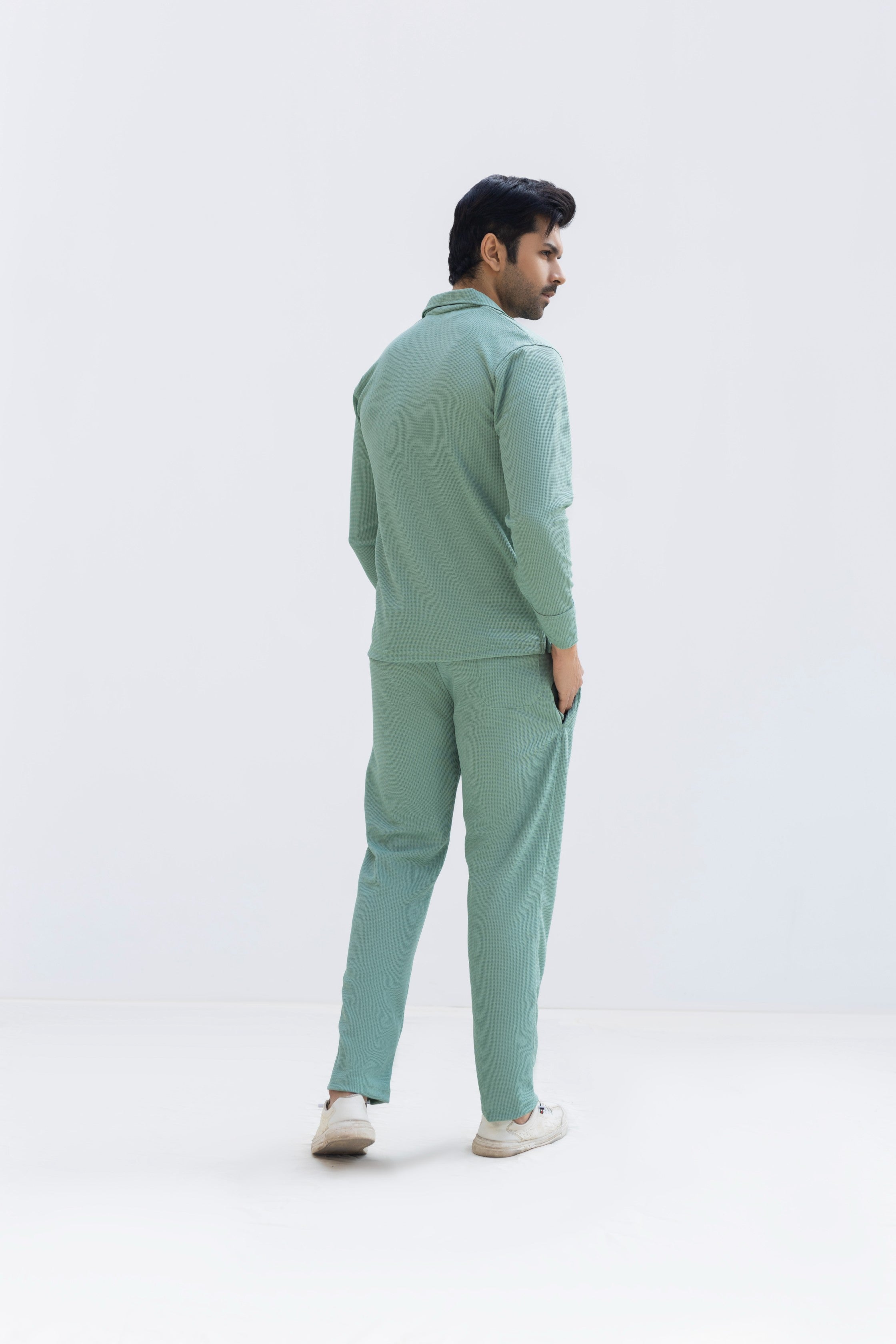 Waffle Pista Green F-Sleeve Safari Suit for Men – Premium Comfort Series B15