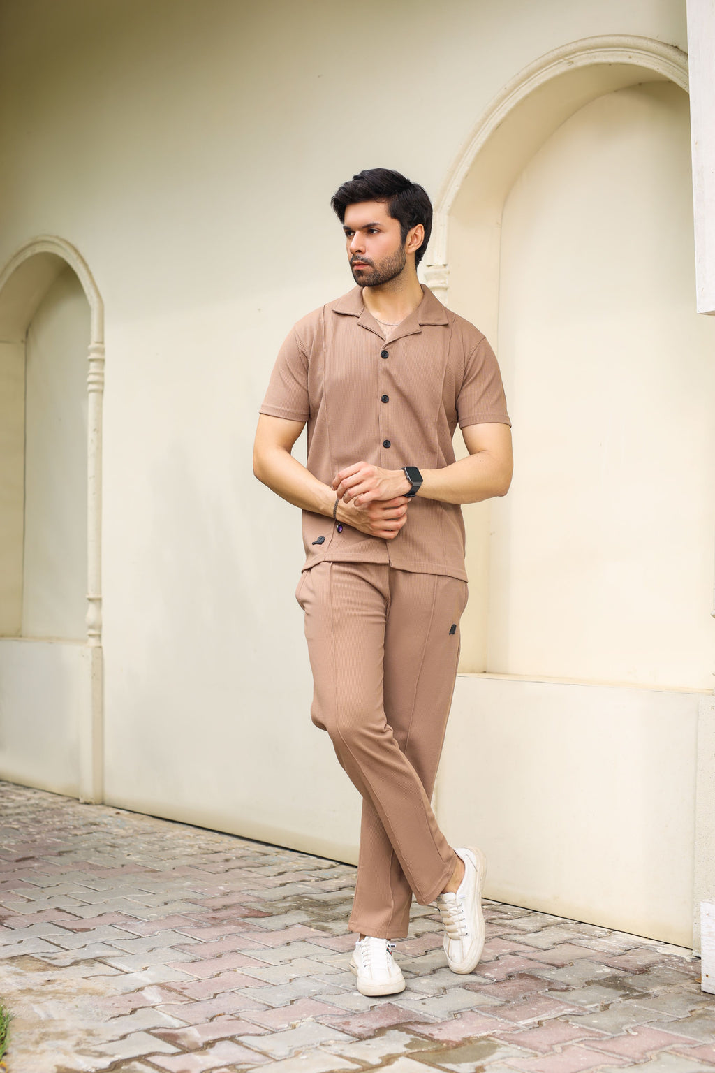 Waffle Coffee Brown Half-Sleeve Safari Suit for Men B5
