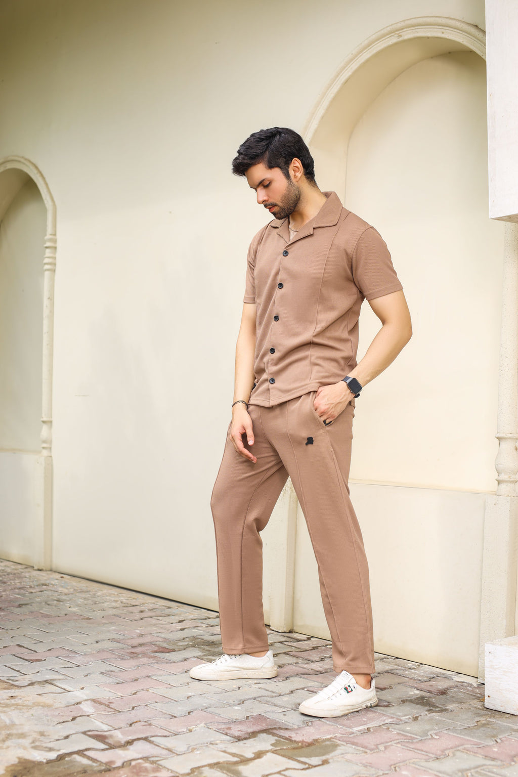 Waffle Coffee Brown Half-Sleeve Safari Suit for Men B5