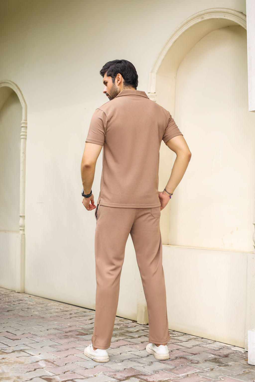 Waffle Coffee Brown Half-Sleeve Safari Suit for Men B5