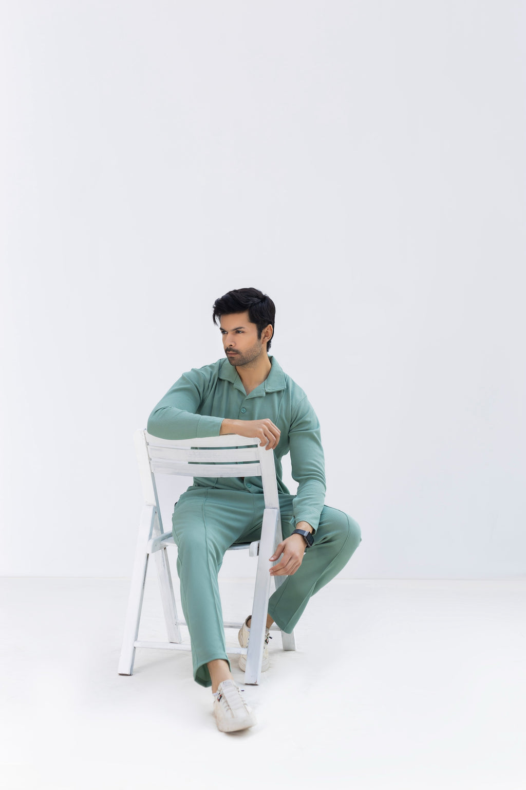 Sage Green Textured Knit Button-Down Shirt