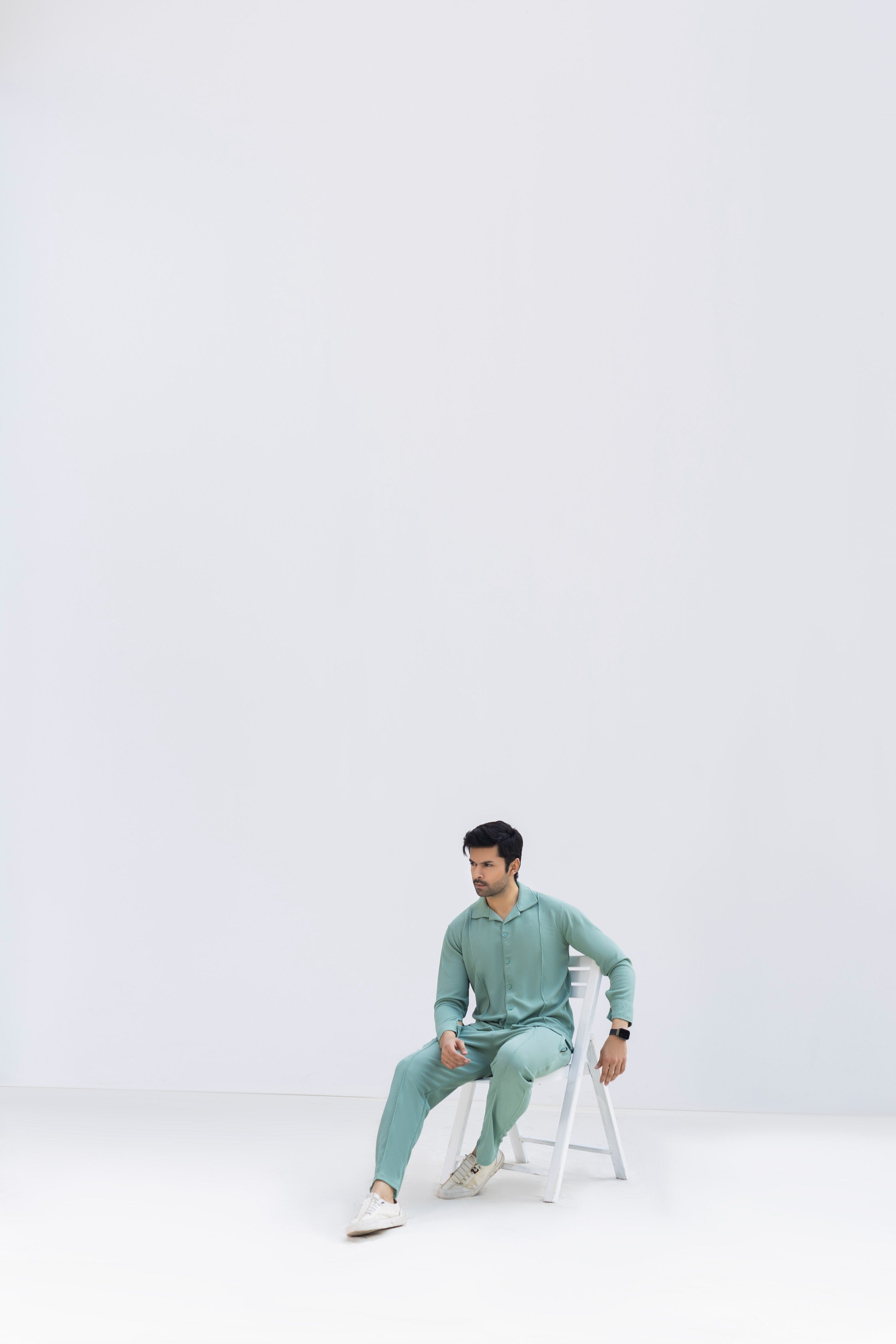 Waffle Pista Green F-Sleeve Safari Suit for Men – Premium Comfort Series B15