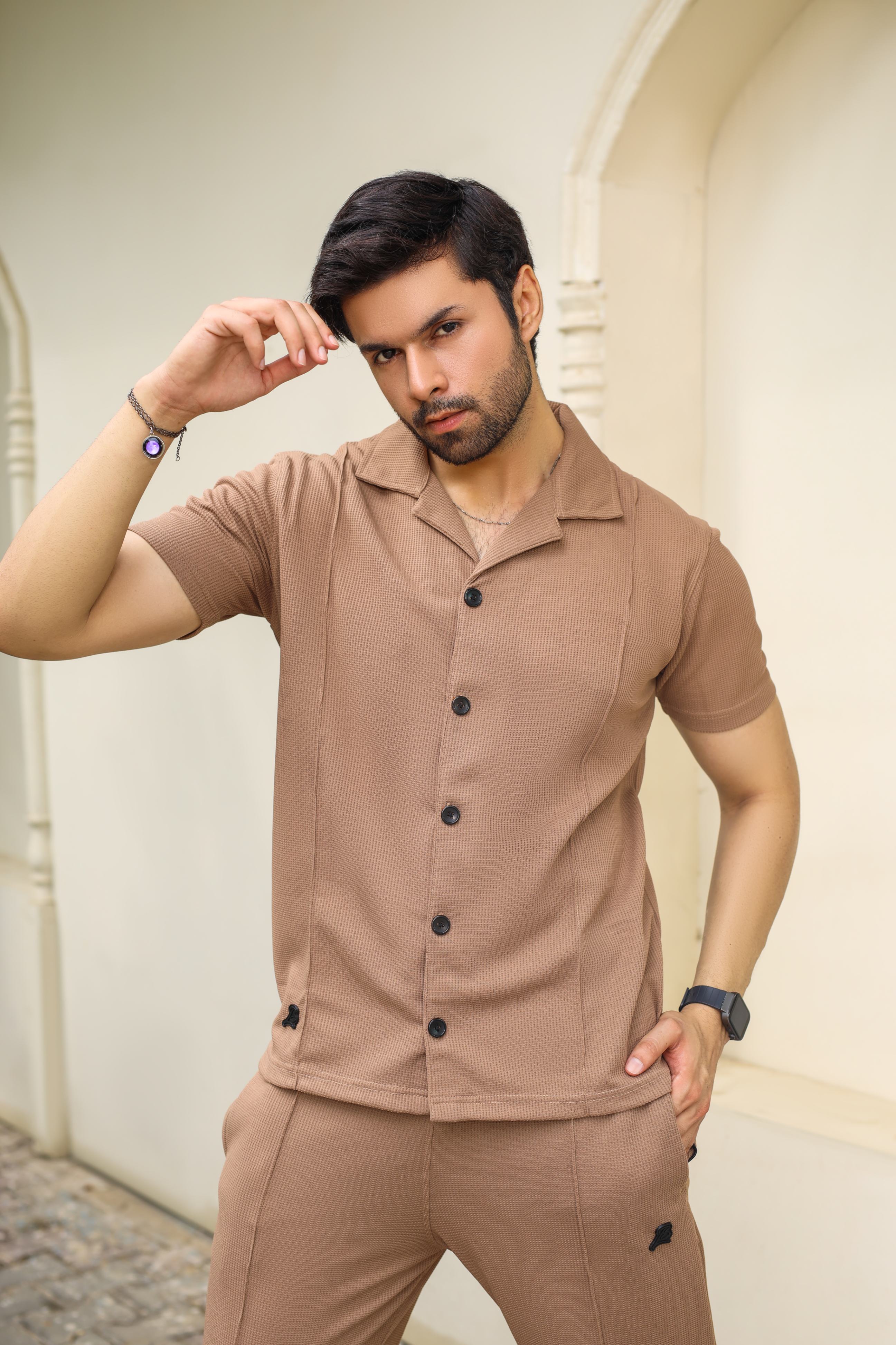 Waffle Coffee Brown Half-Sleeve Safari Suit for Men B5