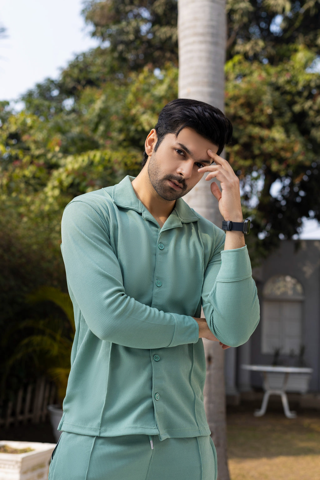 Sage Green Textured Knit Button-Down Shirt