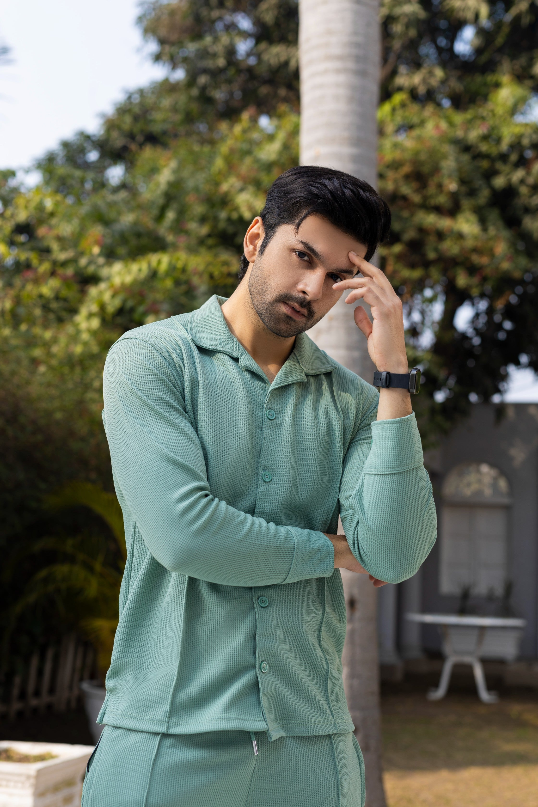 Waffle Pista Green F-Sleeve Safari Suit for Men – Premium Comfort Series B15