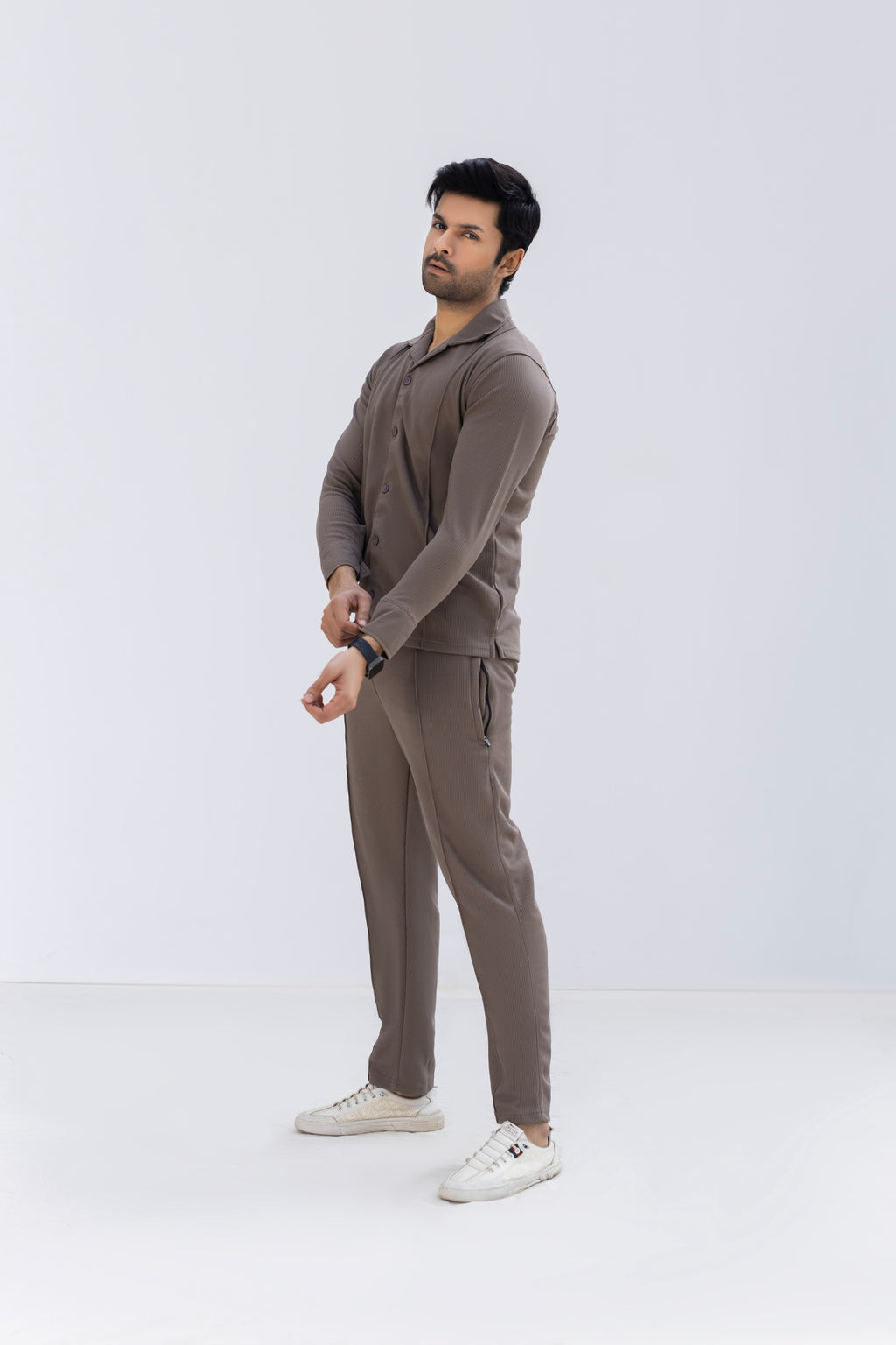 Mocha Brown Textured Knit Button-Down Shirt