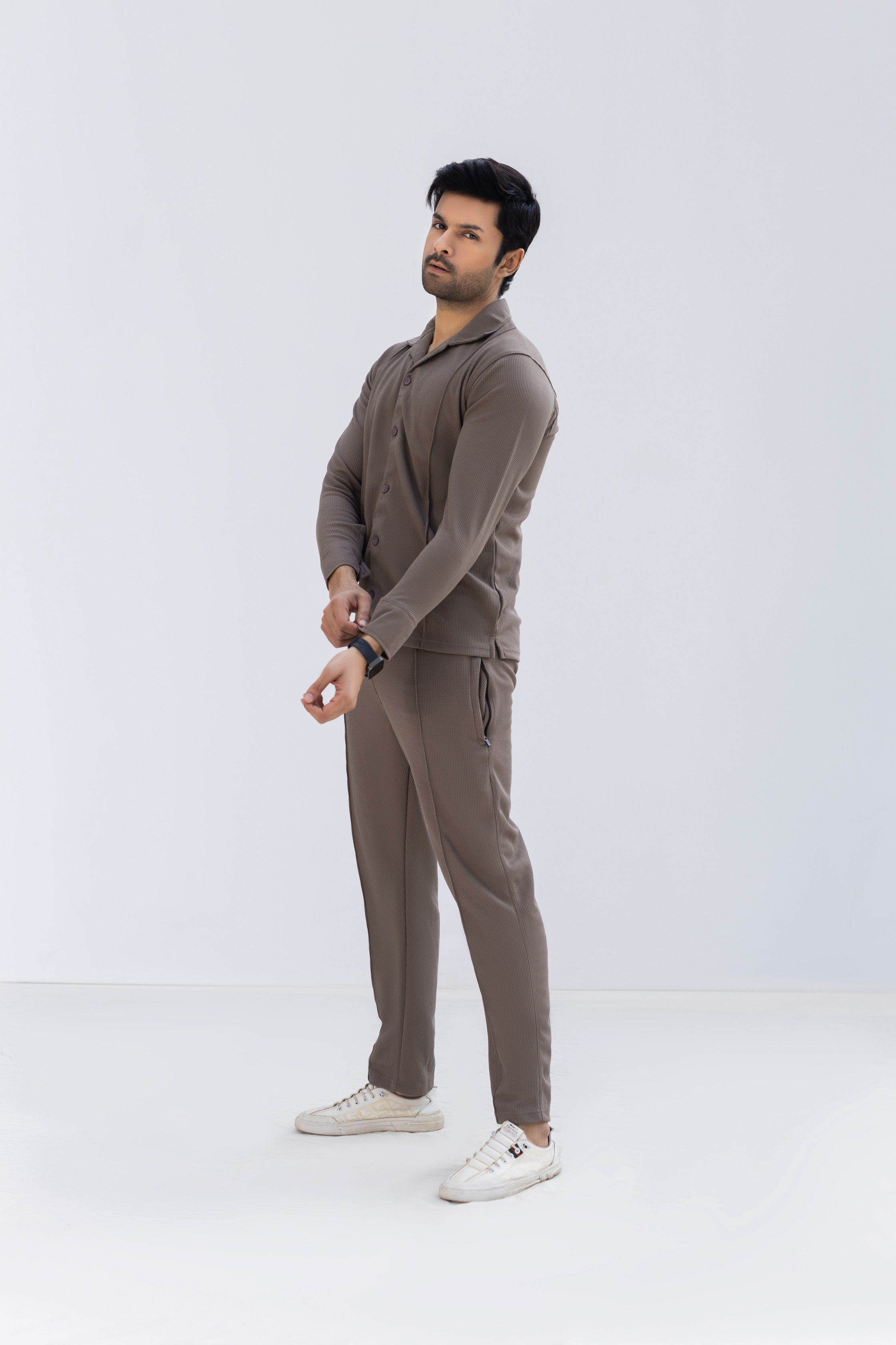 Mocha Brown Textured Knit Button-Down Shirt