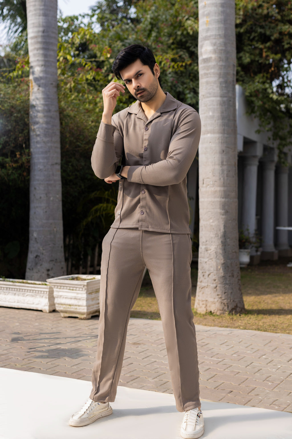 Mocha Brown Textured Knit Trousers