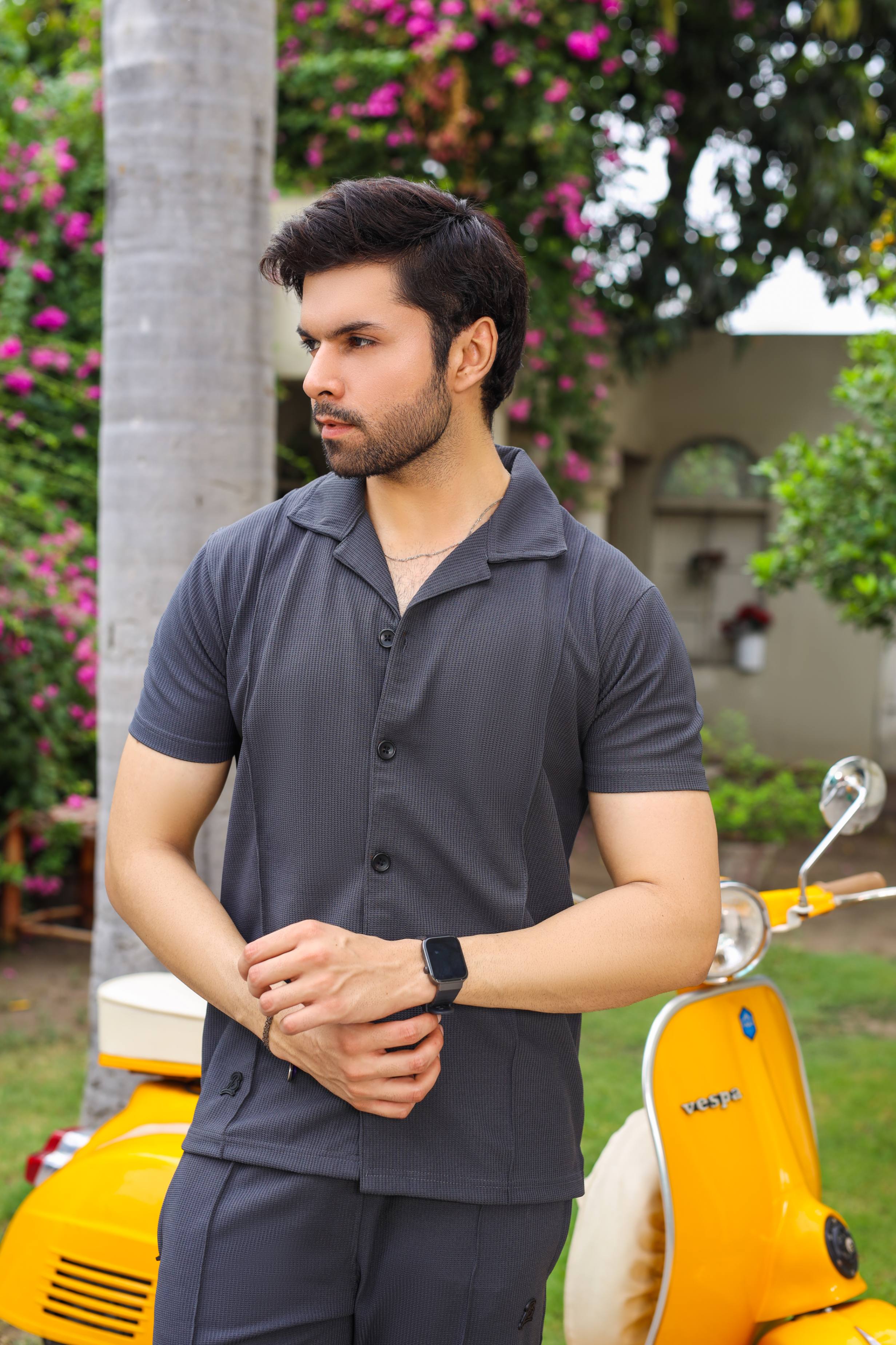 Waffle Charcoal Half-Sleeve Safari Suit for Men B6