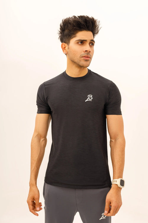 LB. Black Textured Stretchable T-Shirt LookBuy247