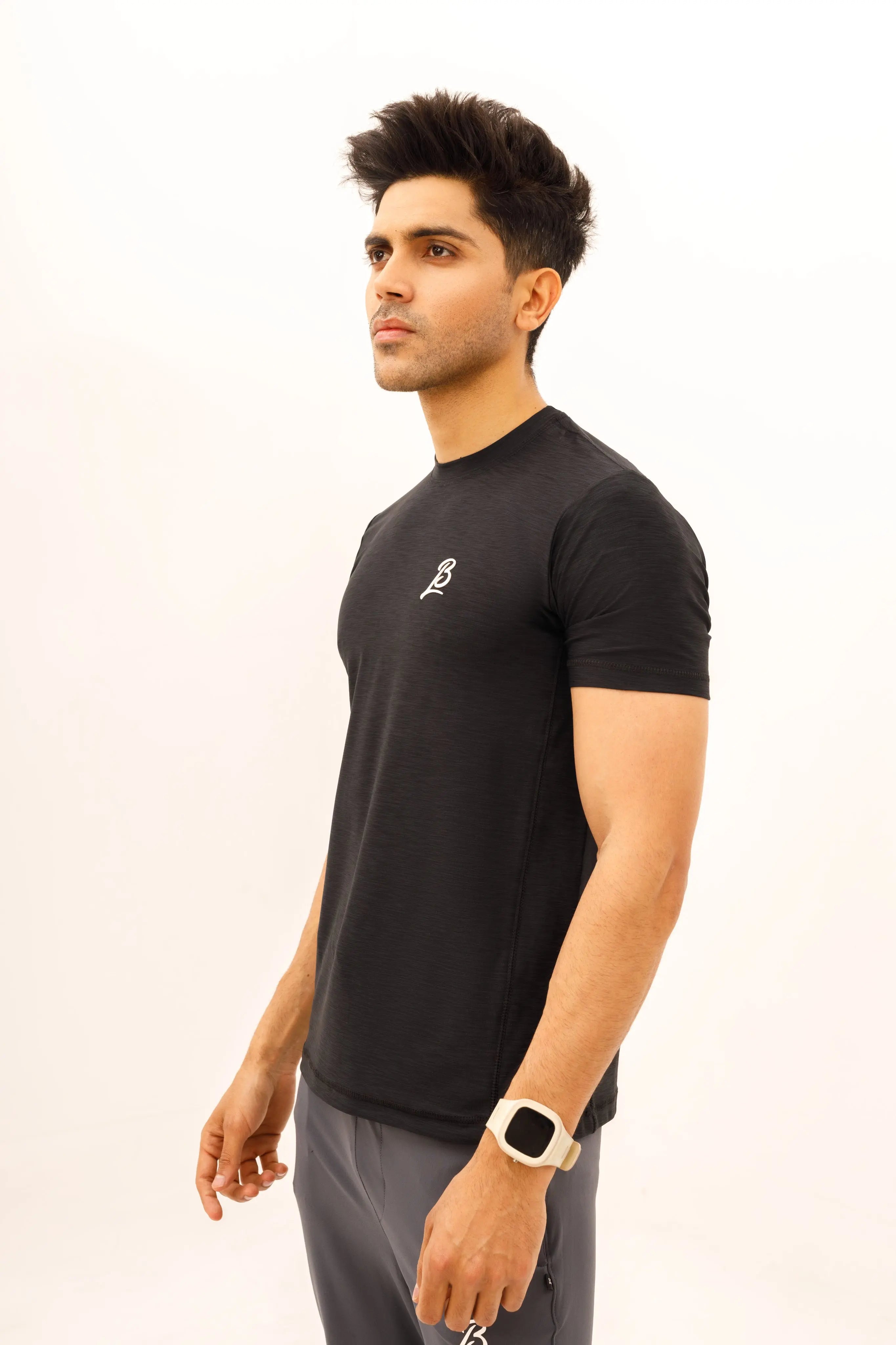 LB. Black Textured Stretchable T-Shirt LookBuy247