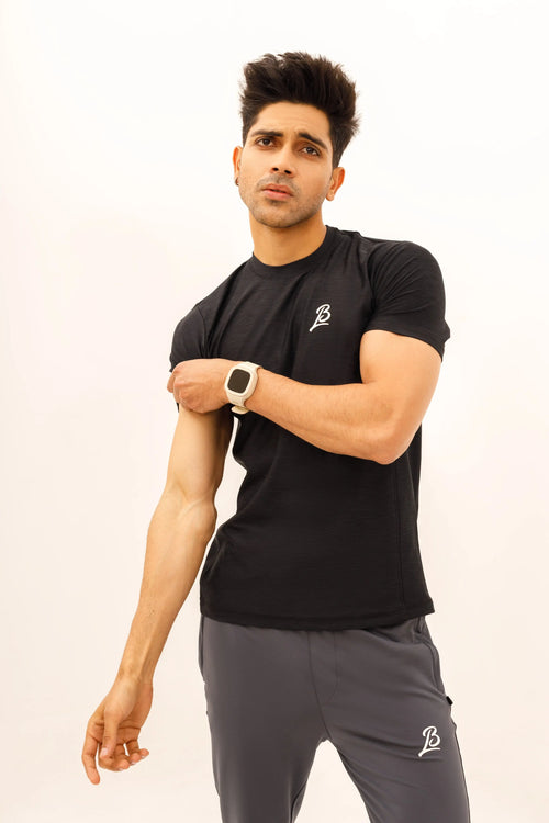 LB. Black Textured Stretchable T-Shirt LookBuy247