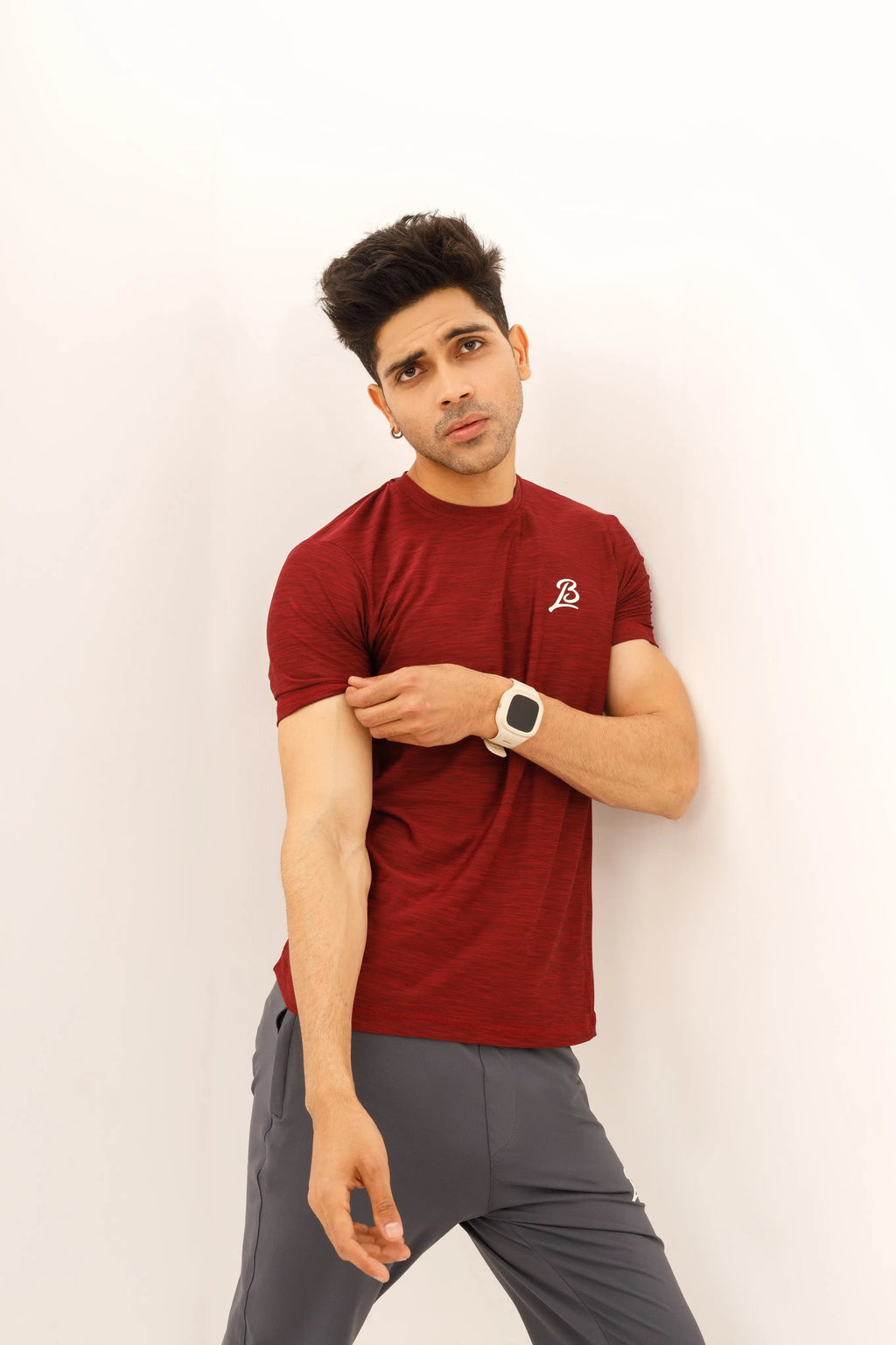 LB-Maroon Stretchable Textured Fabric T-Shirt LookBuy247